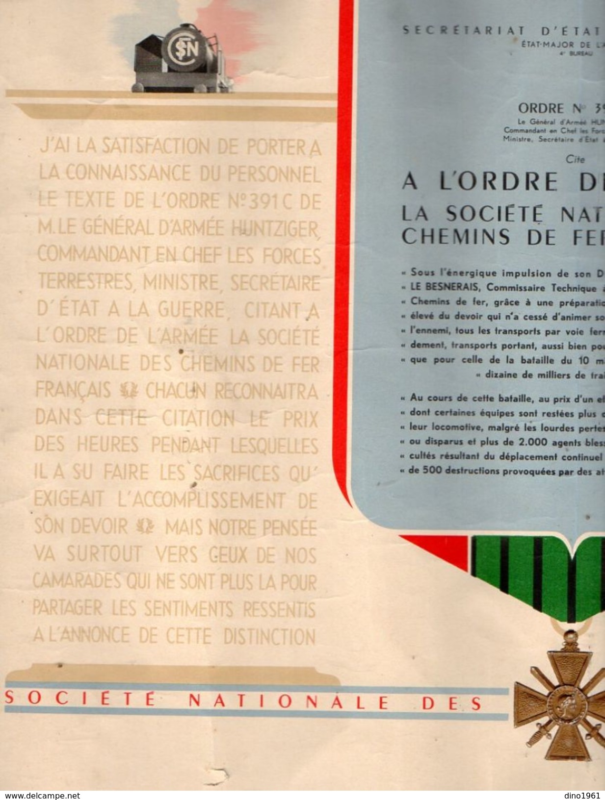 VP11.011 - Guerre 39/45 - VICHY 1940 - Document Militaire 45 X 35 Concernant La Société Des Chemins De Fer Français - Documenti