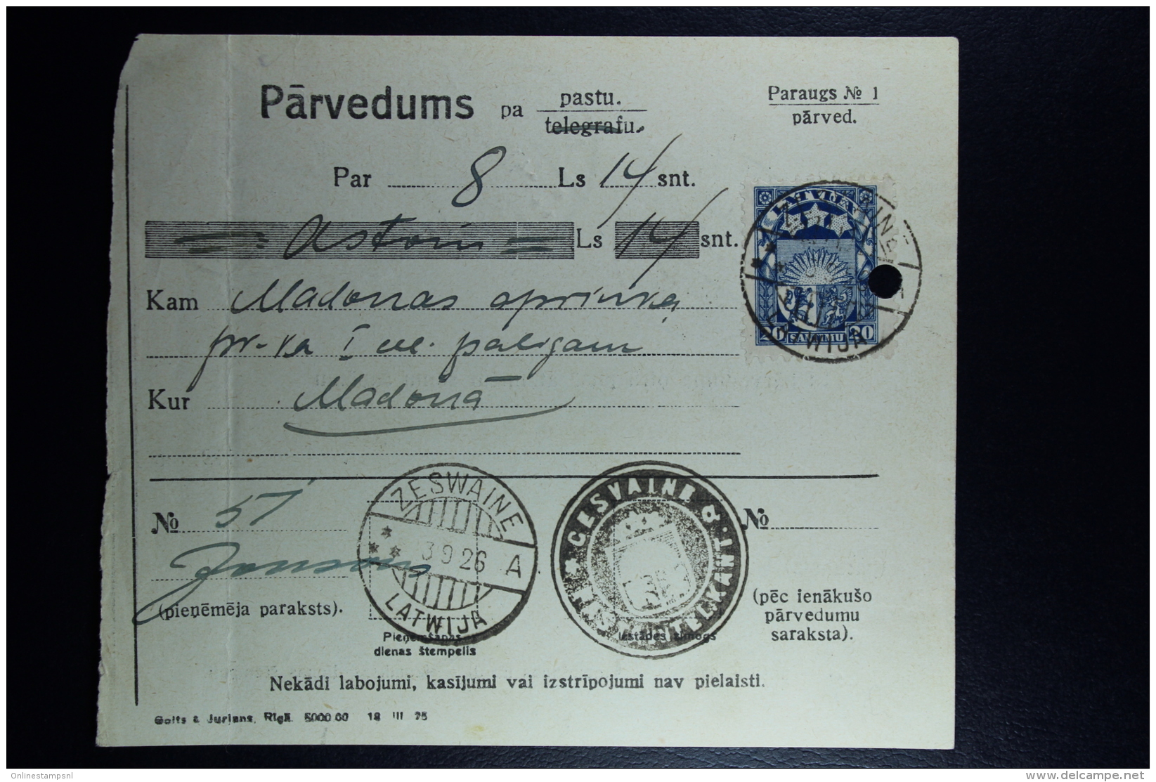 Latvia:  Money Order 1926 Sesswegen Madona - Lettonie