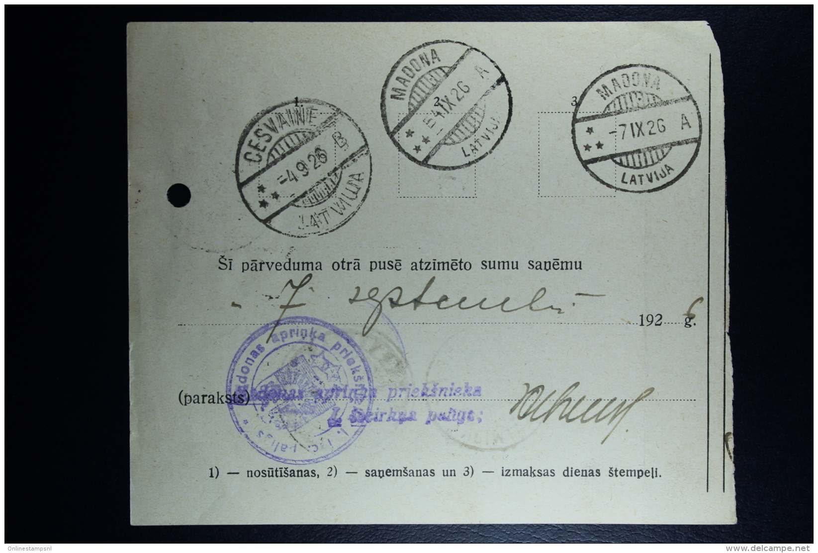 Latvia:  Money Order 1926 Sesswegen Madona - Lettland