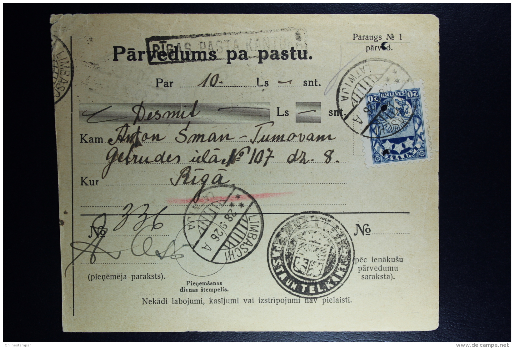 Latvia:  Money Order 1926 Lemsal Riga - Letonia