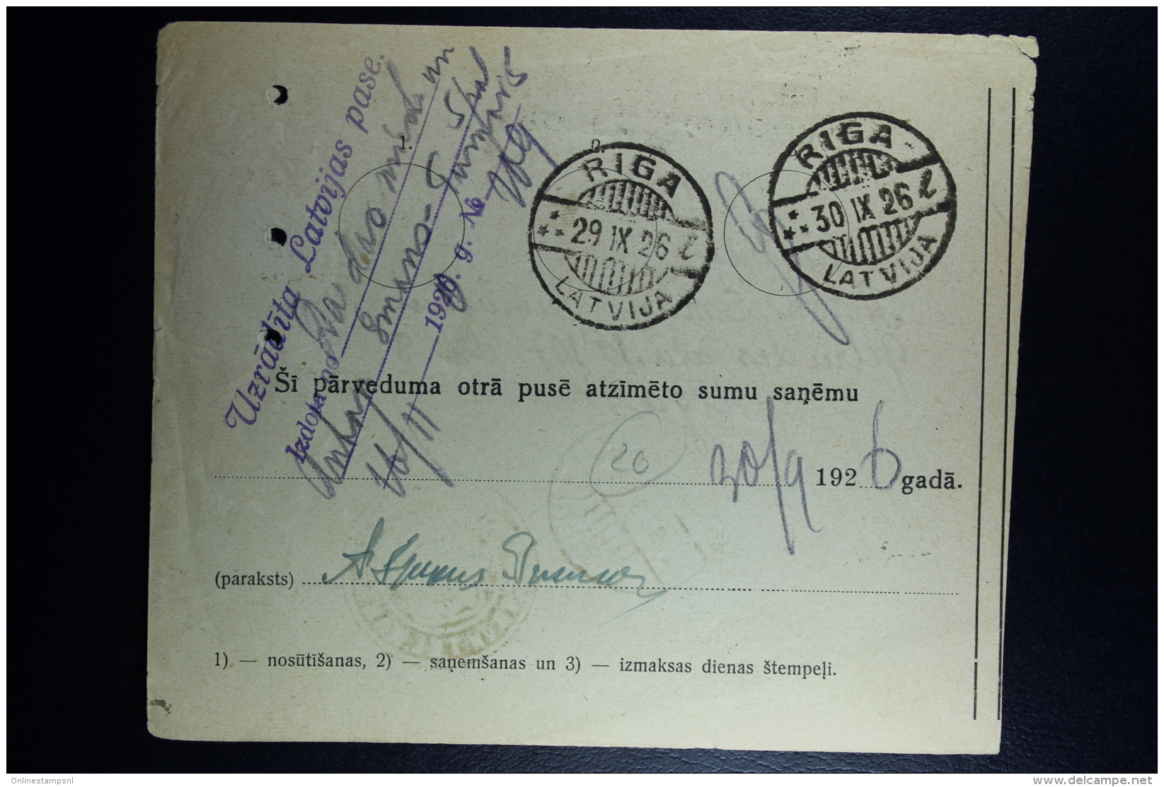 Latvia:  Money Order 1926 Lemsal Riga - Letonia