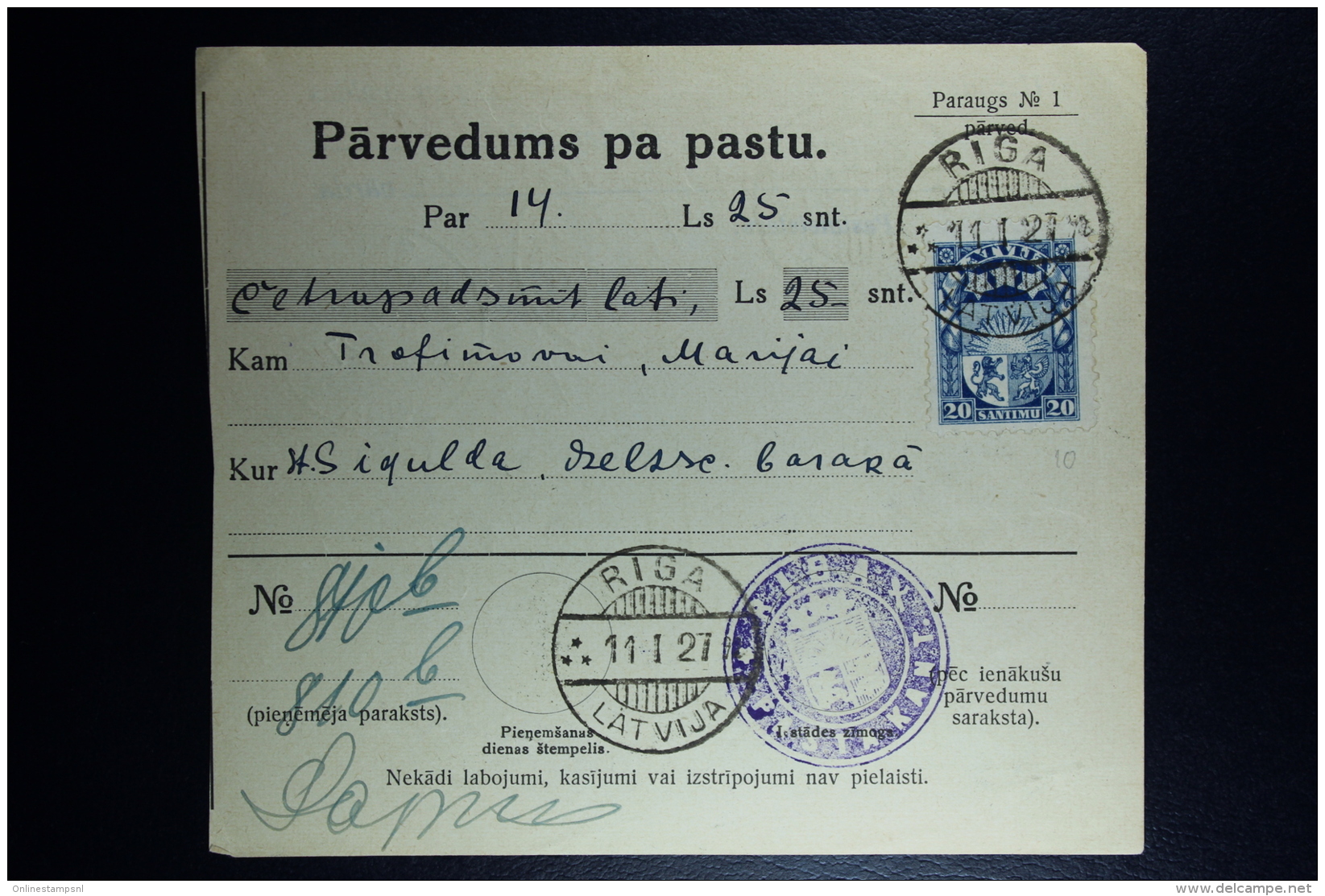 Latvia:  Money Order 1927 Riga - Lettonie