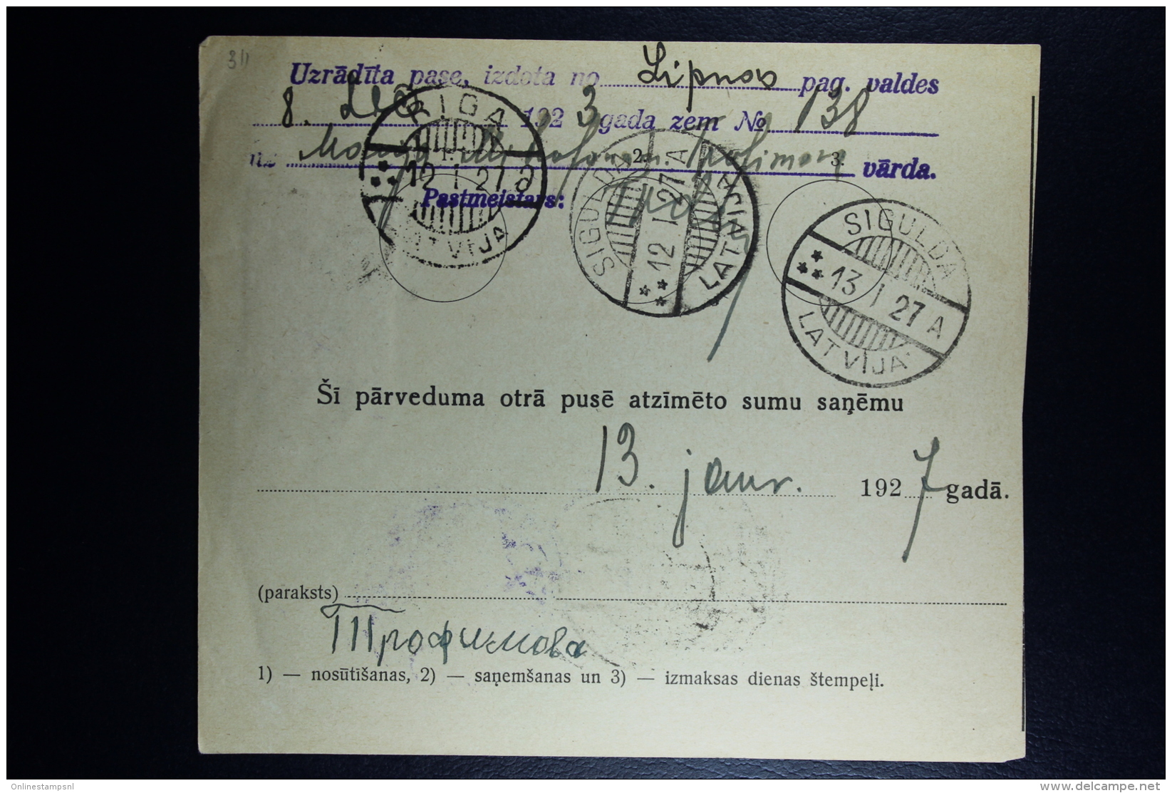 Latvia:  Money Order 1927 Riga - Letonia