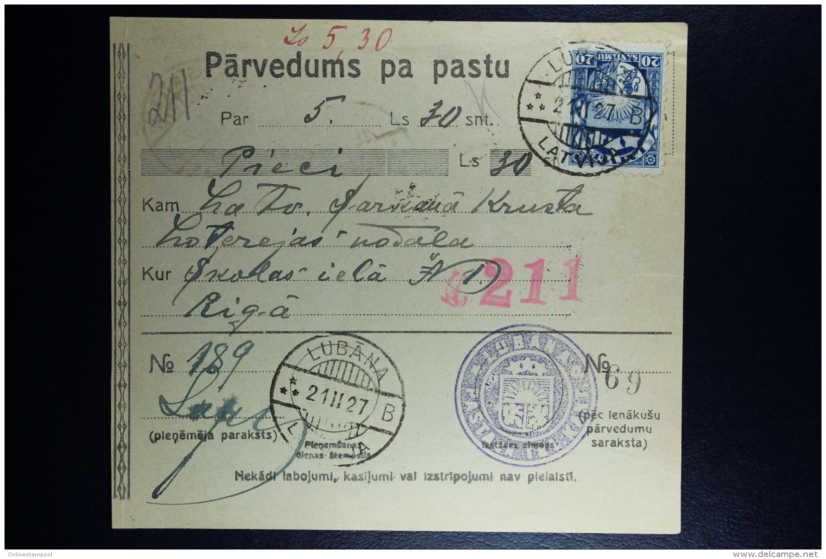 Latvia:  Money Order 1927 Lubahn Riga - Lettland