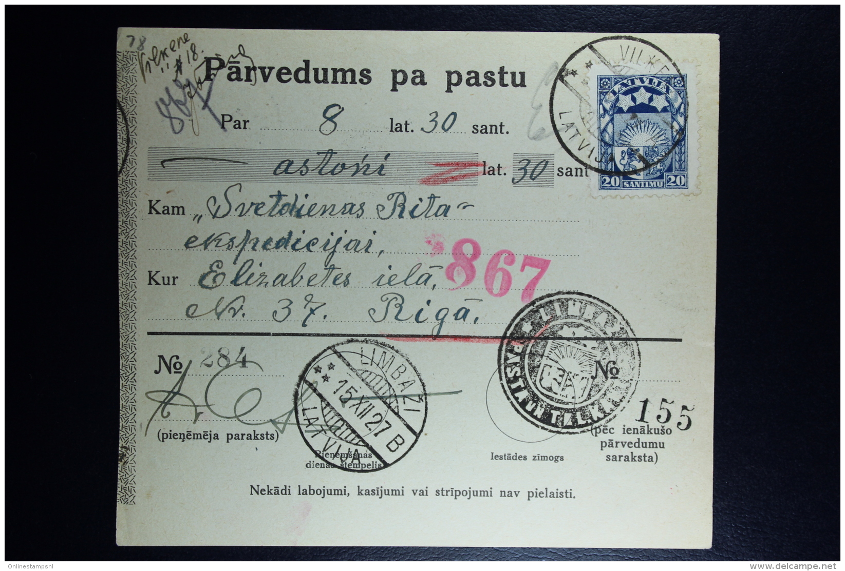 Latvia:  Money Order 1927  Lemsal Riga - Lettland