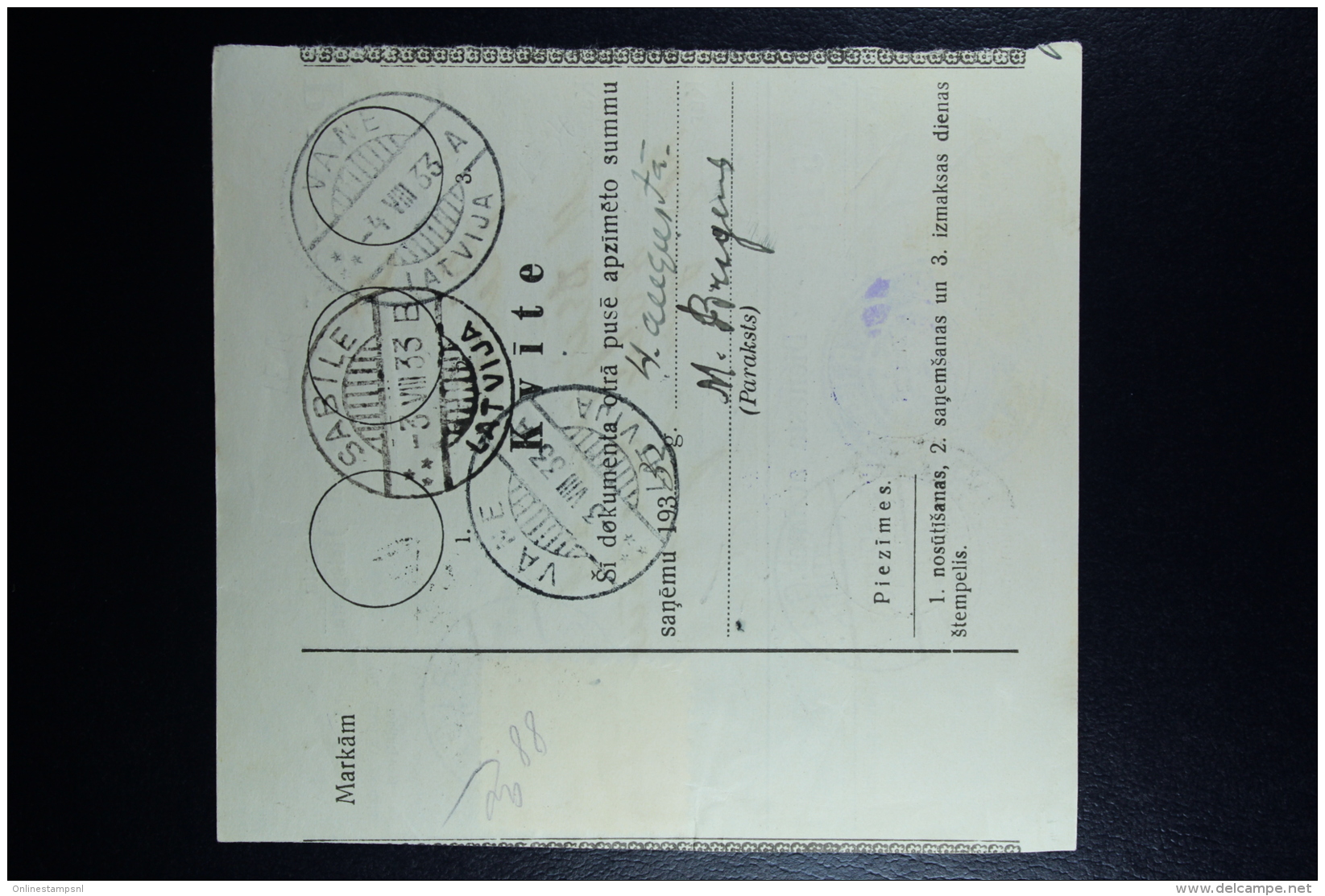 Latvia:  Money Order 1933 Riga Sabile Vane - Lettonia