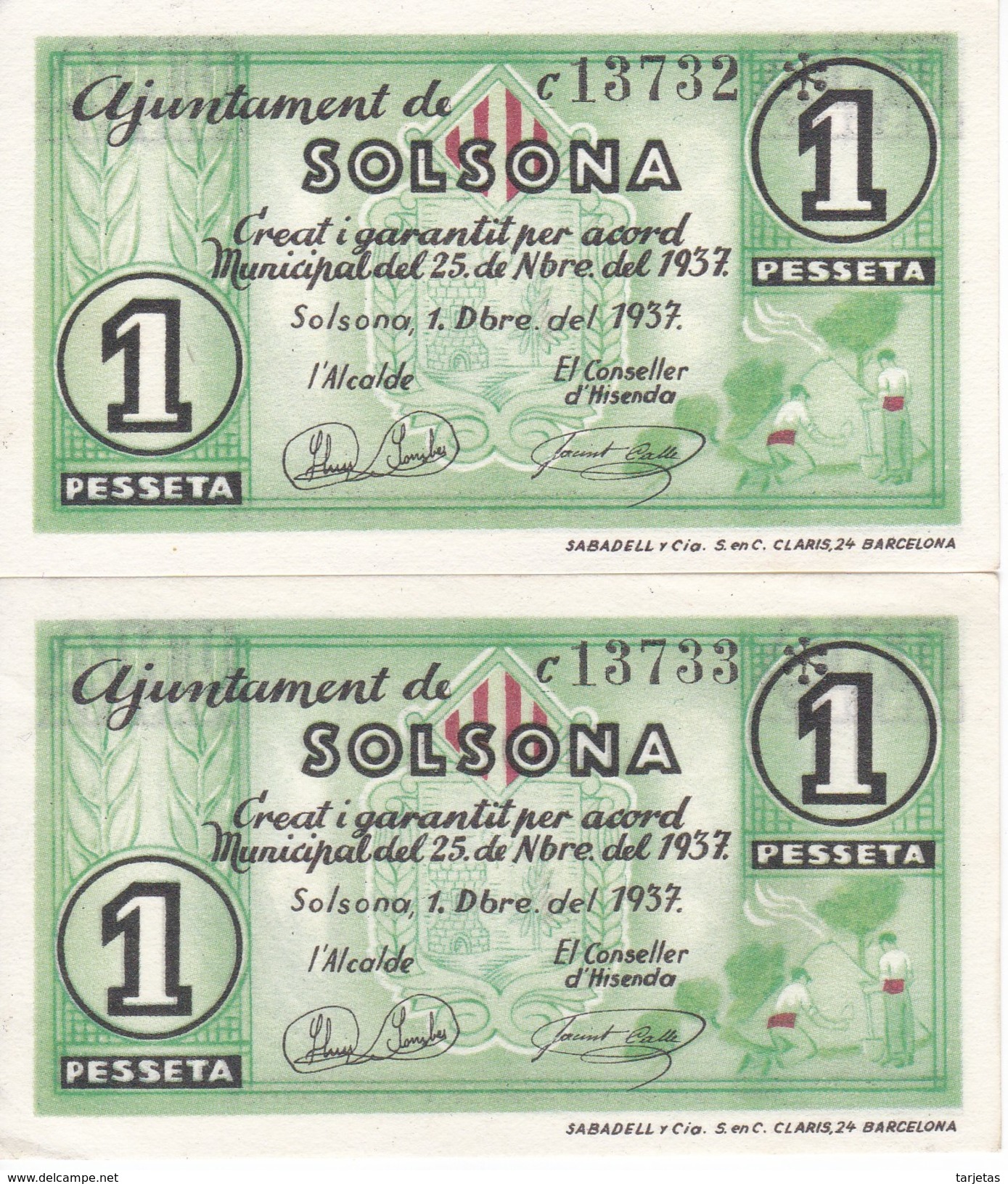 PAREJA CORRELATIVA DE 1 PESETA DEL AJUNTAMENT DE SOLSONA DEL AÑO 1937 SIN CIRCULAR   (BANKNOTE) - Sonstige & Ohne Zuordnung