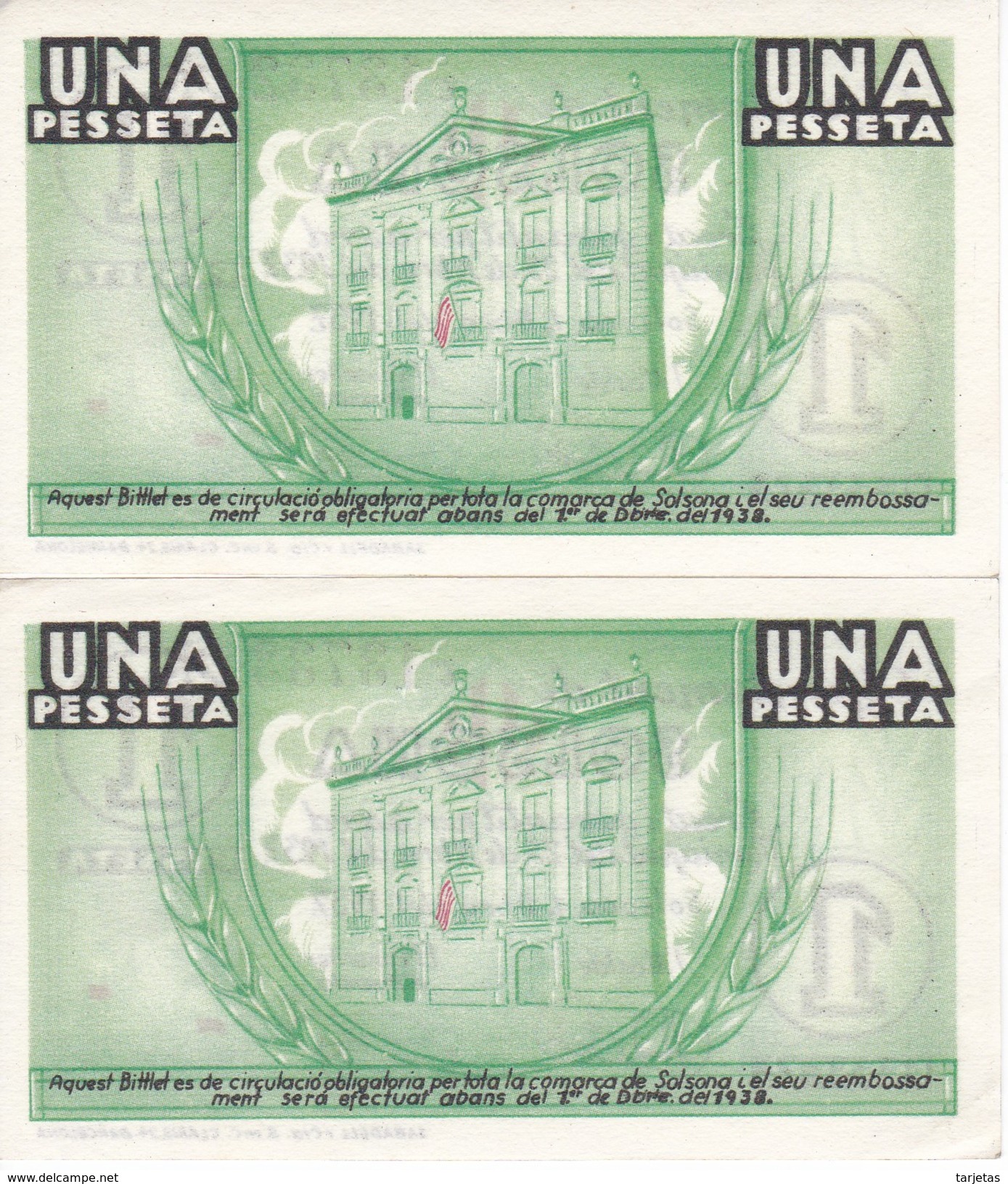 PAREJA CORRELATIVA DE 1 PESETA DEL AJUNTAMENT DE SOLSONA DEL AÑO 1937 SIN CIRCULAR   (BANKNOTE) - Otros & Sin Clasificación