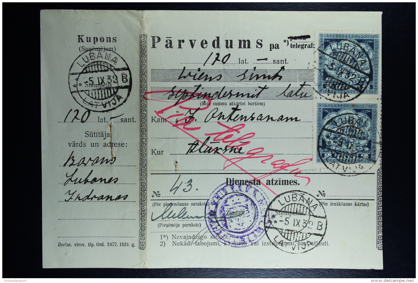 Latvia: Money Order 1932 Lubahn Aluksne - Lettland