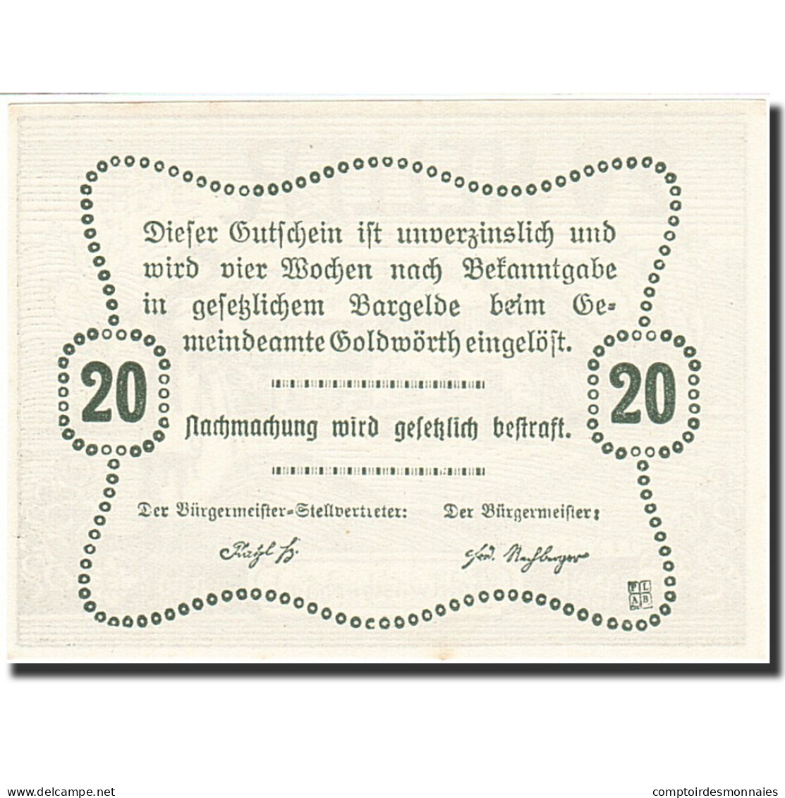 Billet, Autriche, Goldwörth, 20 Heller, Paysan, 1920, 1920-12-31, SPL+ - Autriche