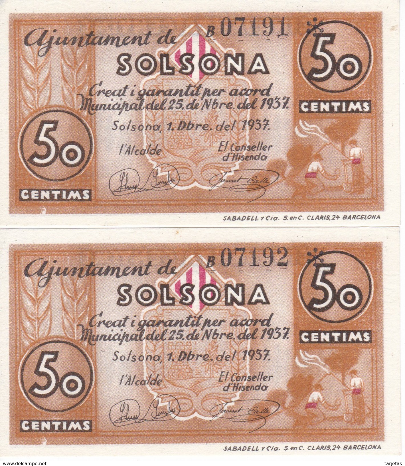 PAREJA CORRELATIVA DE 50 CENTIMOS DEL AJUNTAMENT DE SOLSONA DEL AÑO 1937 SIN CIRCULAR   (BANKNOTE) - Altri & Non Classificati