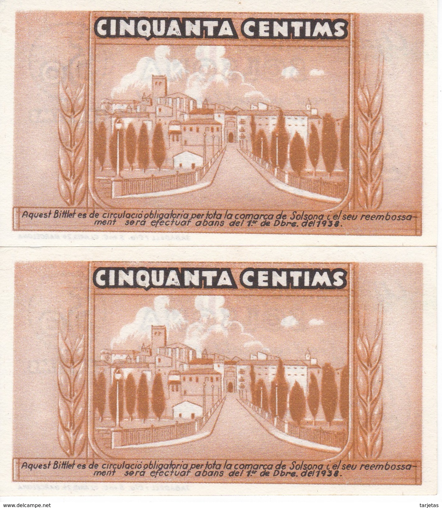 PAREJA CORRELATIVA DE 50 CENTIMOS DEL AJUNTAMENT DE SOLSONA DEL AÑO 1937 SIN CIRCULAR   (BANKNOTE) - Otros & Sin Clasificación