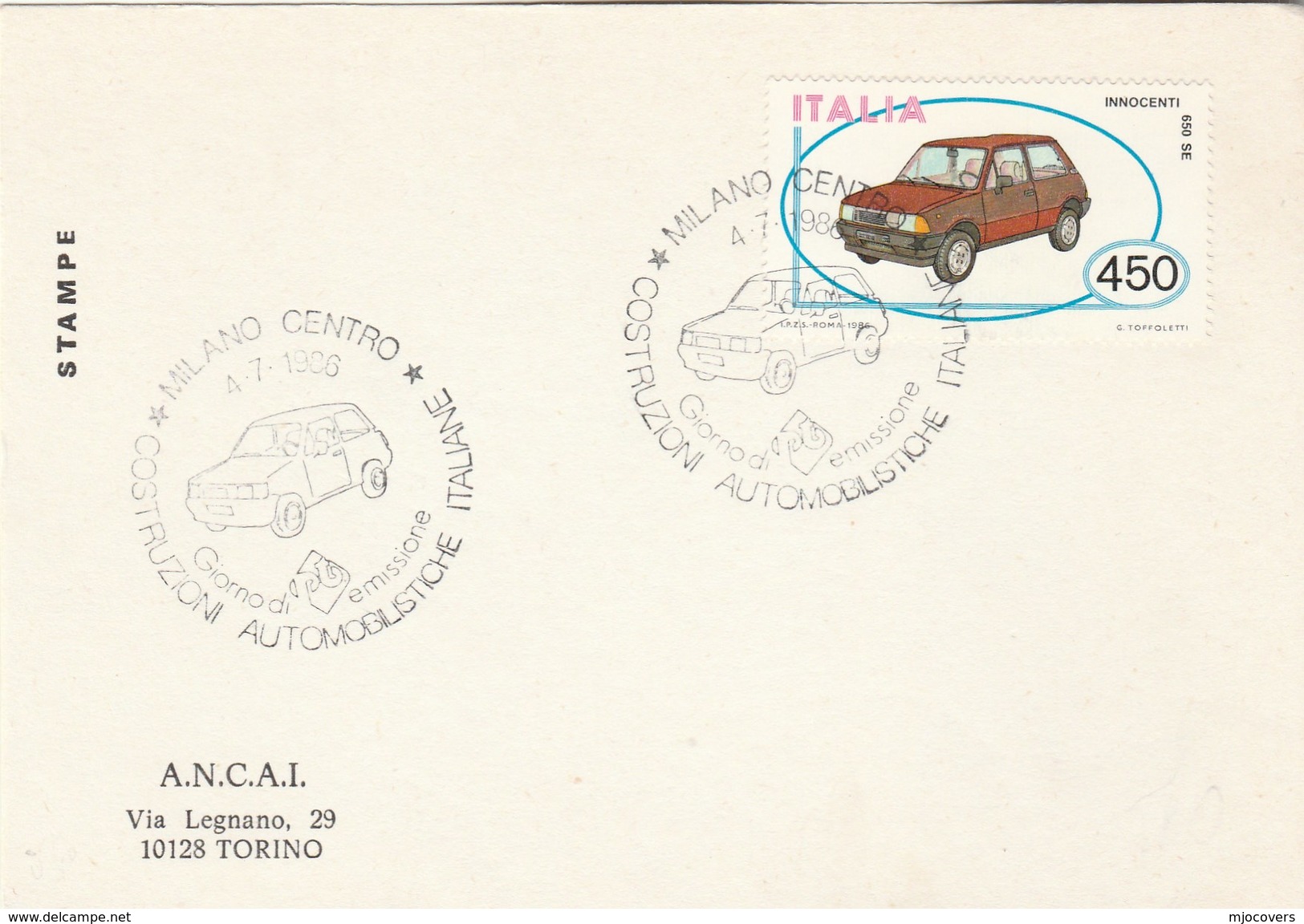 1986 Milan  ITALY FDC Card INNOCENTI 650 SE CAR Stamps Cover - Cars