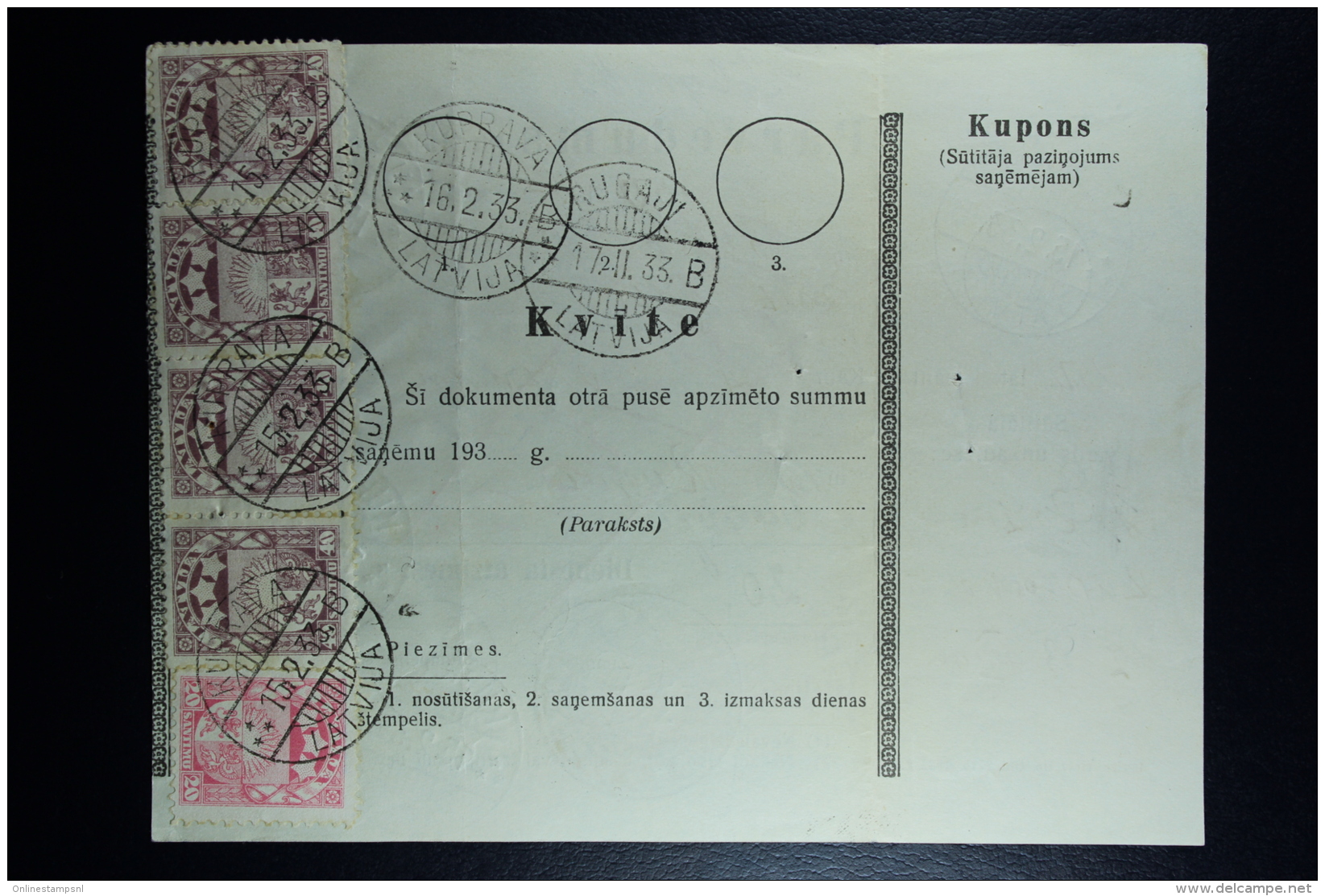 Latvia: Money Order 1933 Kuprava - Letonia