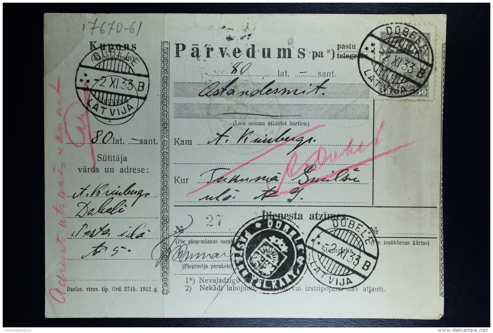 Latvia:  Money Order 1933 Doblen Tukums - Letonia