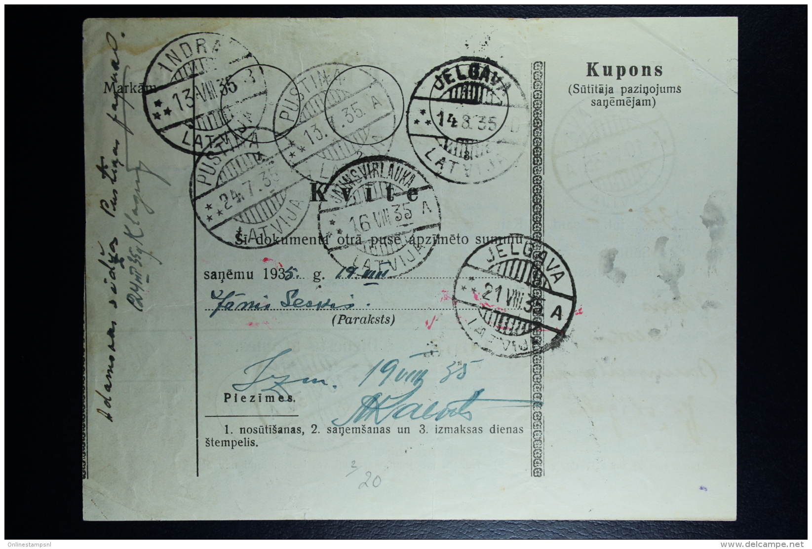 Latvia:  Money Order 1935 Mitau Jelgava Indra Pustina - Lettland