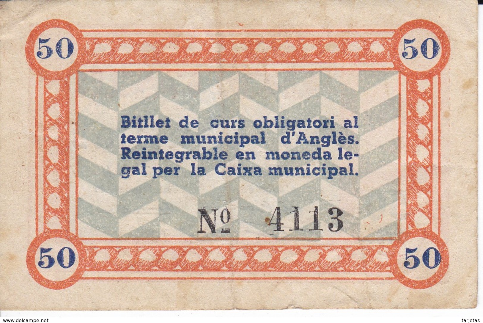 BILLETE DE 50 CENTIMOS DEL MUNICIPI D'ANGLES DEL 9-11-1937      (BANKNOTE) - Sonstige & Ohne Zuordnung