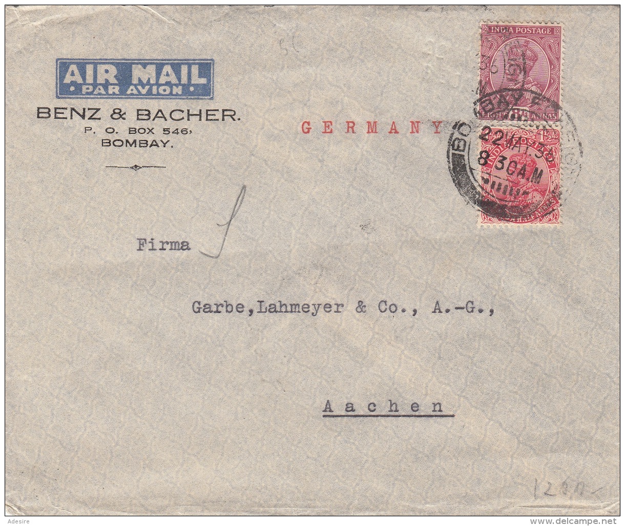 INDIA 1936 Examples On Airmail Cover To Aachen Germany - Bombay Foreign Cancel - Sonstige & Ohne Zuordnung