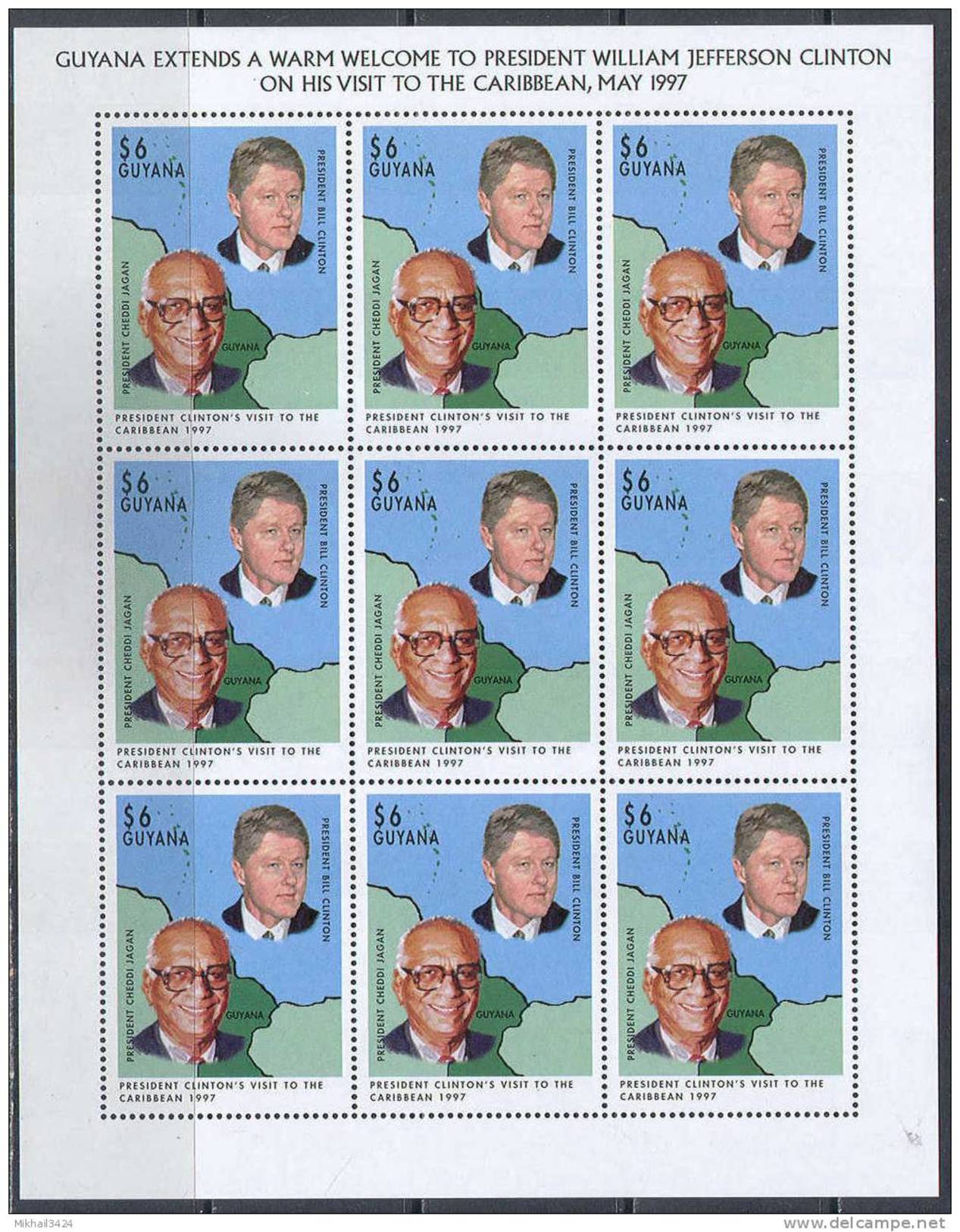 2290 ✅ Prasident Bill Clinton Visit 1997 Guyana Sheet MNH ** - Guyane (1966-...)