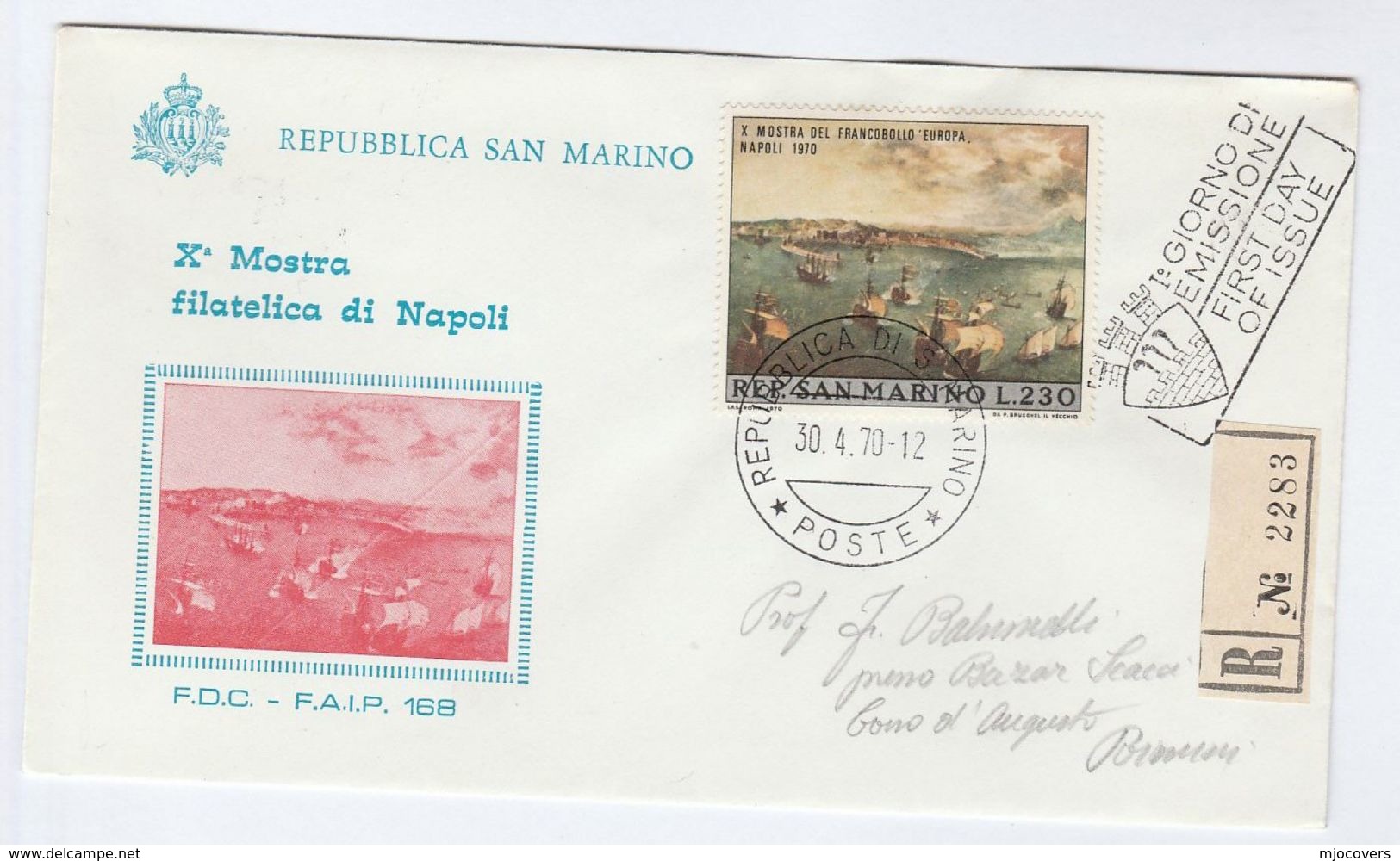 1970 REGISTERED San Marino FDC SAILING SHIP Napoli Mostra Filatelica Art  Stamps Cover - Bateaux