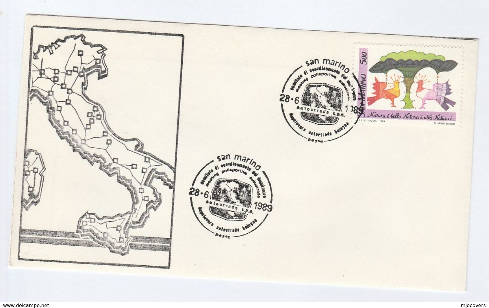 1989 SAN MARINO AUTOSTRARDE EVENT COVER Stamps Nature Conservation - Covers & Documents