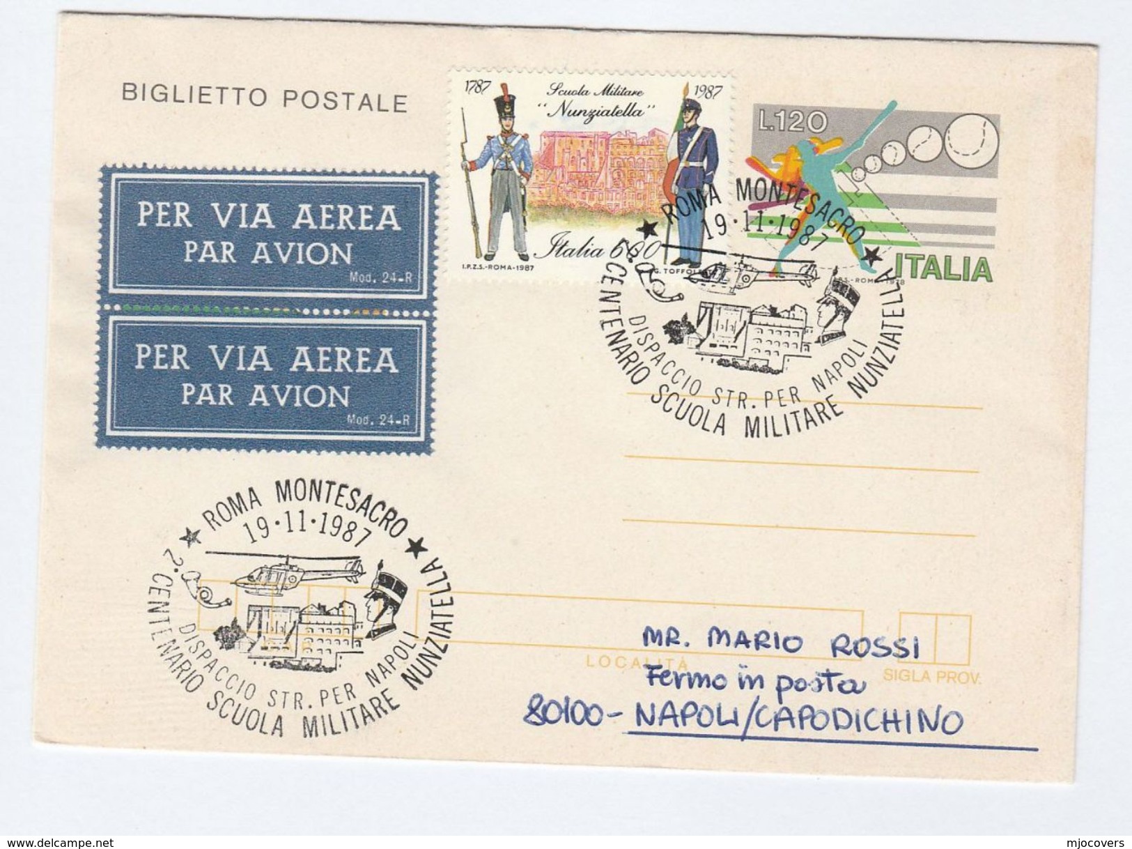 1987 ITALY MILITARY HELICOPTER FLIGHT COVER Aerogramme Military School Baseball Stamps  Postal Stationery Sport Aviation - Helicopters