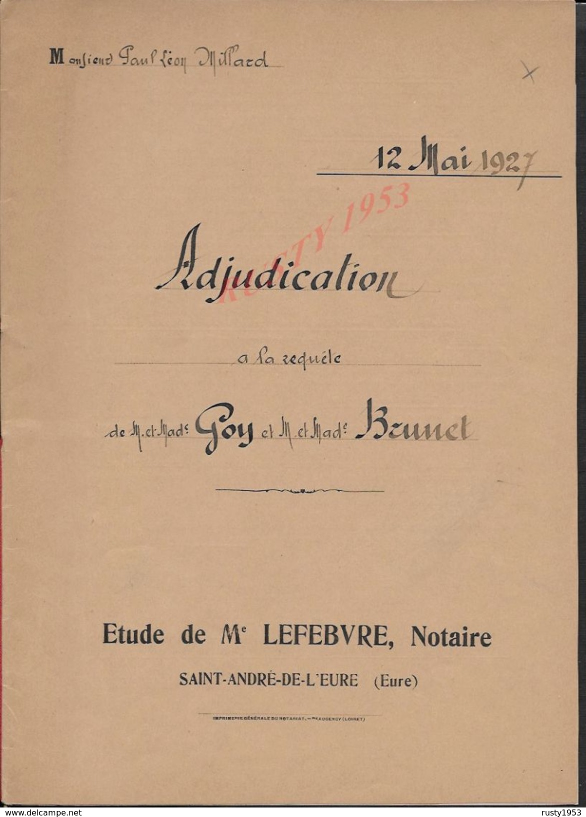 GROSSOEUVRE 1927 ACTE VENTE DE TERRES ENTRE GOY À BRUNET 7 PAGES : - Manuscripts