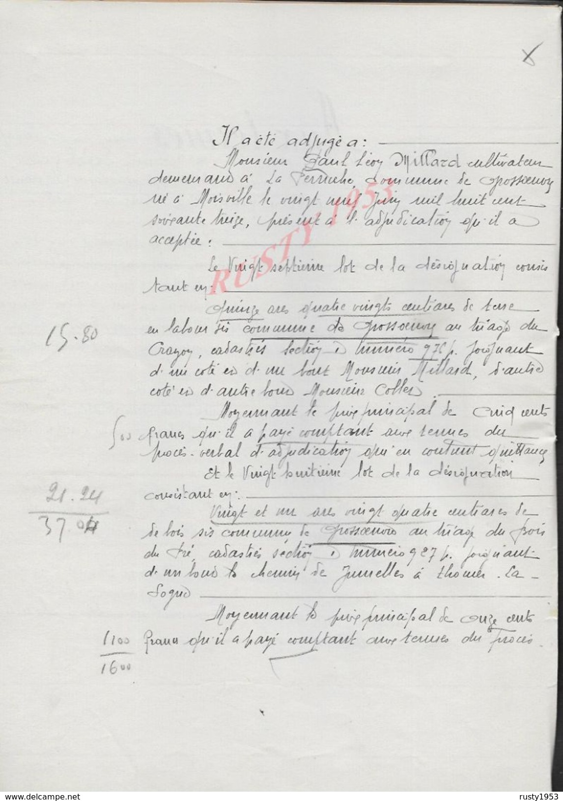 GROSSOEUVRE 1927 ACTE VENTE DE TERRES ENTRE GOY À BRUNET 7 PAGES : - Manuscripts