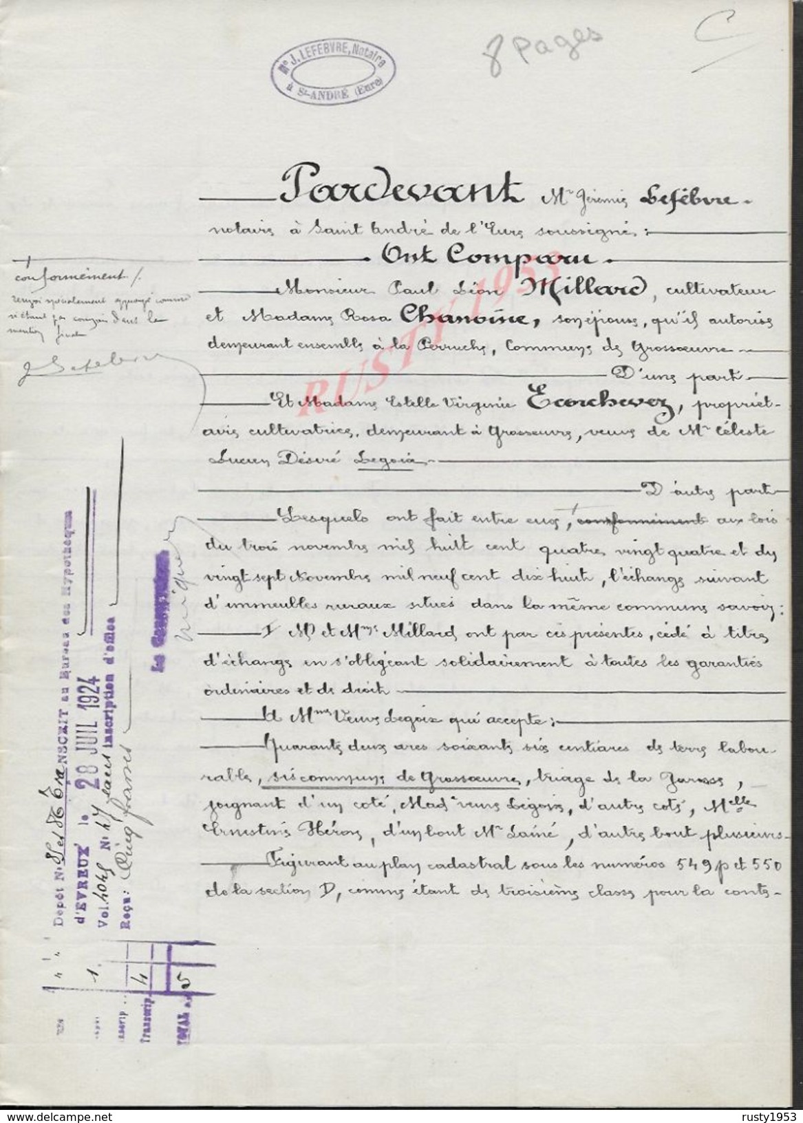 GROSSOEUVRE 1924 ACTE D ECHANGE DE TERRE ENTRE MILLARD À LEGOIX 8 PAGES : - Manuscripts