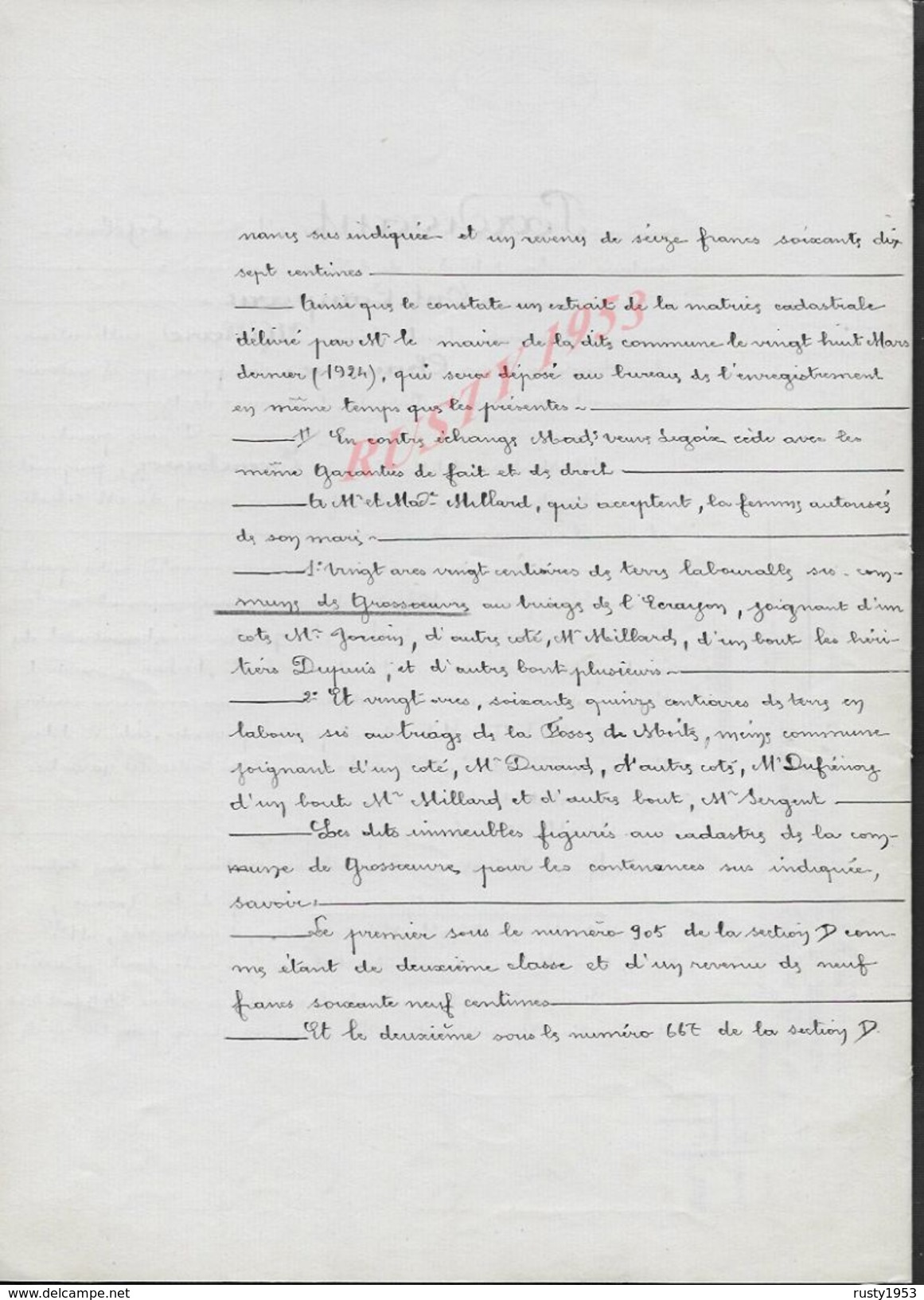 GROSSOEUVRE 1924 ACTE D ECHANGE DE TERRE ENTRE MILLARD À LEGOIX 8 PAGES : - Manuscripts