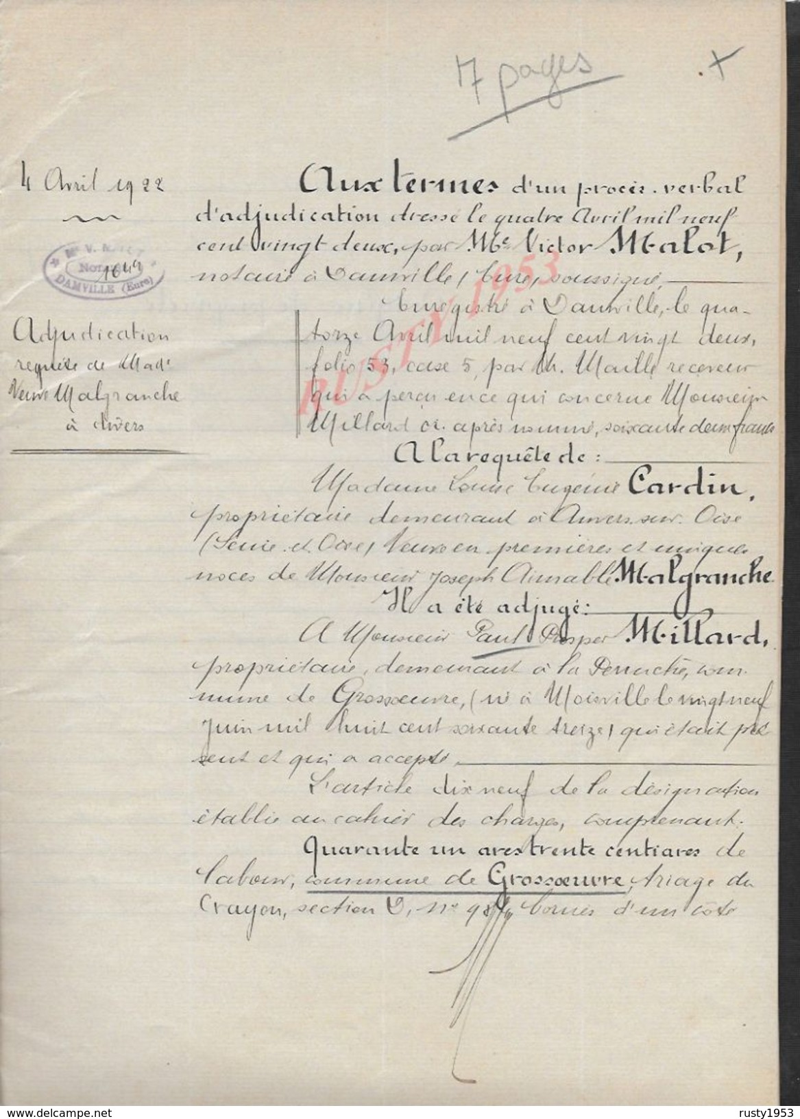 GROSSOEUVRE 1922 ACTE DE VENTE DE TERRE  ENTRE LELEY À MILLARD À MALGRANCHE 7 PAGES : - Manuscripts