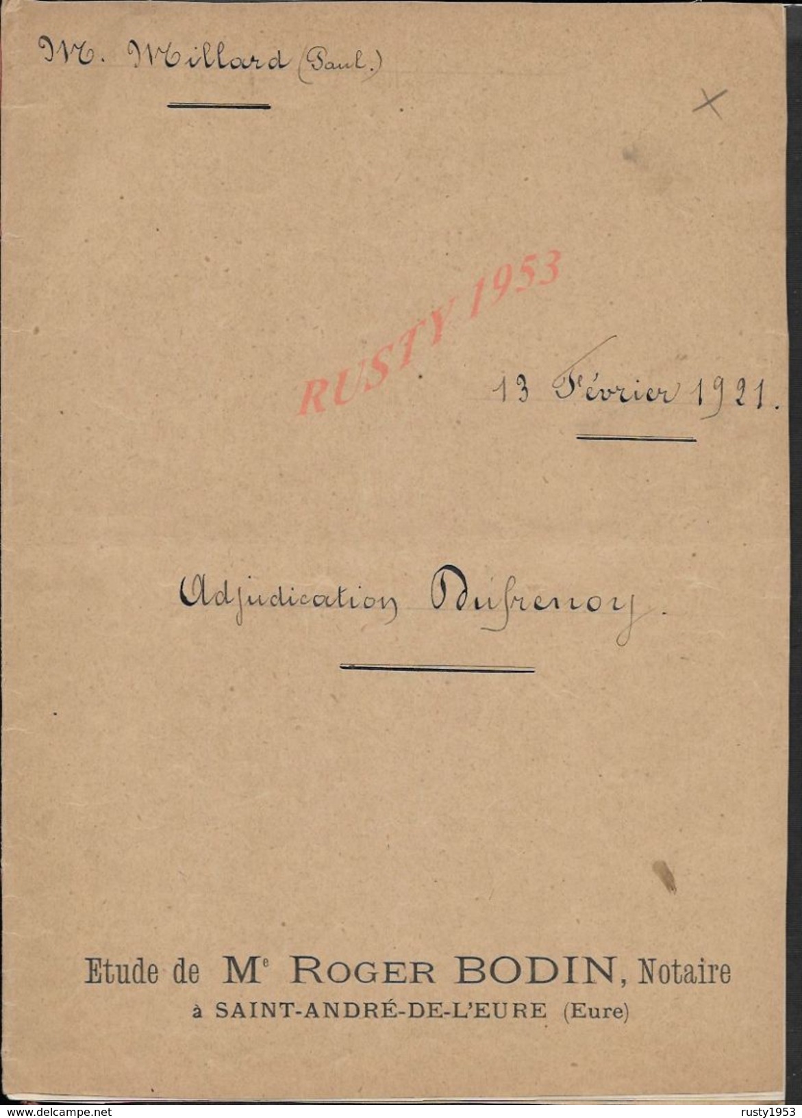 GROSSOEUVRE 1921 ACTE DE VENTE DE TERRE  ENTRE MILLARD À DUFRENOY 3 PAGES : - Manuscripts