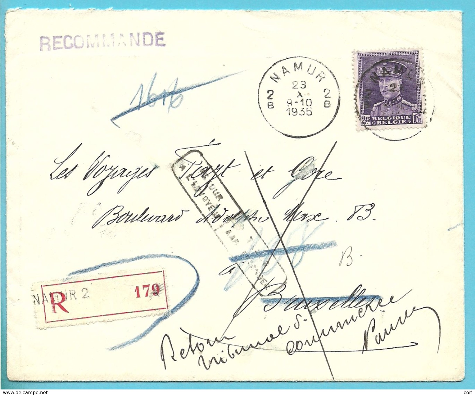 322 Op Brief Aangetekend Stempel NAMUR Naar BRUXELLES , Stempel RETOUR - NON RECLAME...... - 1931-1934 Mütze (Képi)