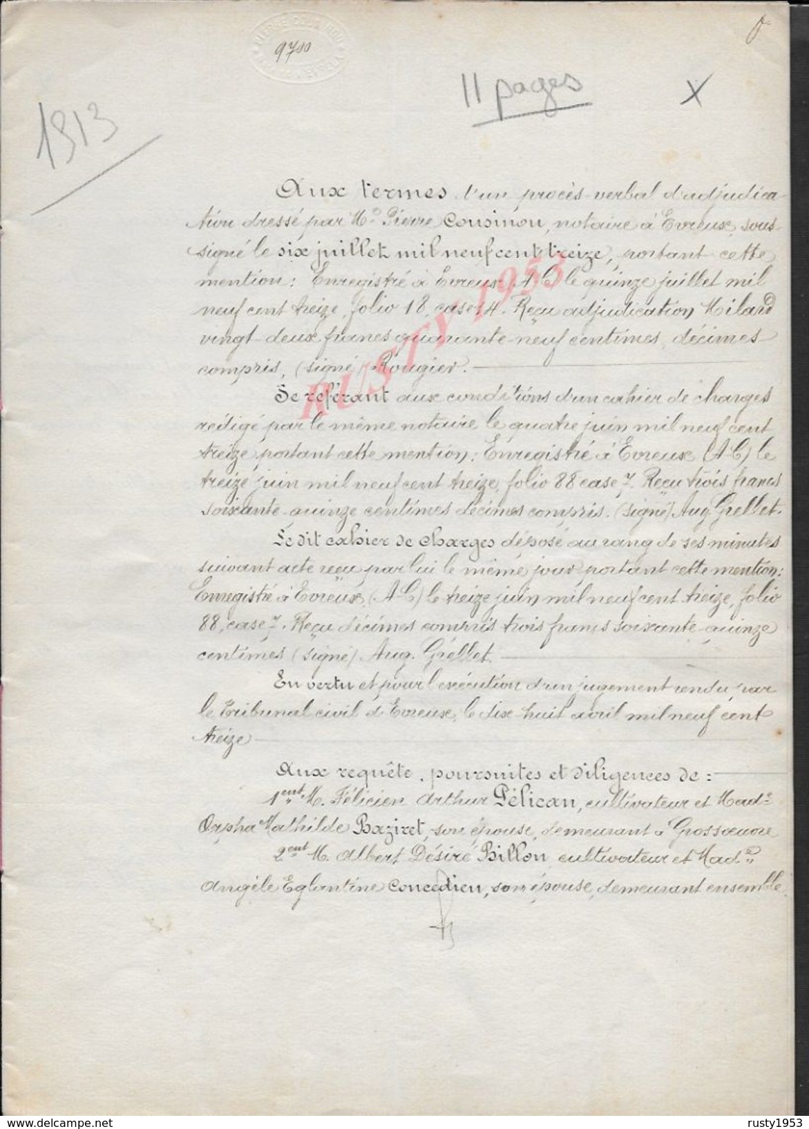 GROSSOEUVRE 1921 ACTE DE VENTE D UN BOIS 11 PAGES : - Manuscripts