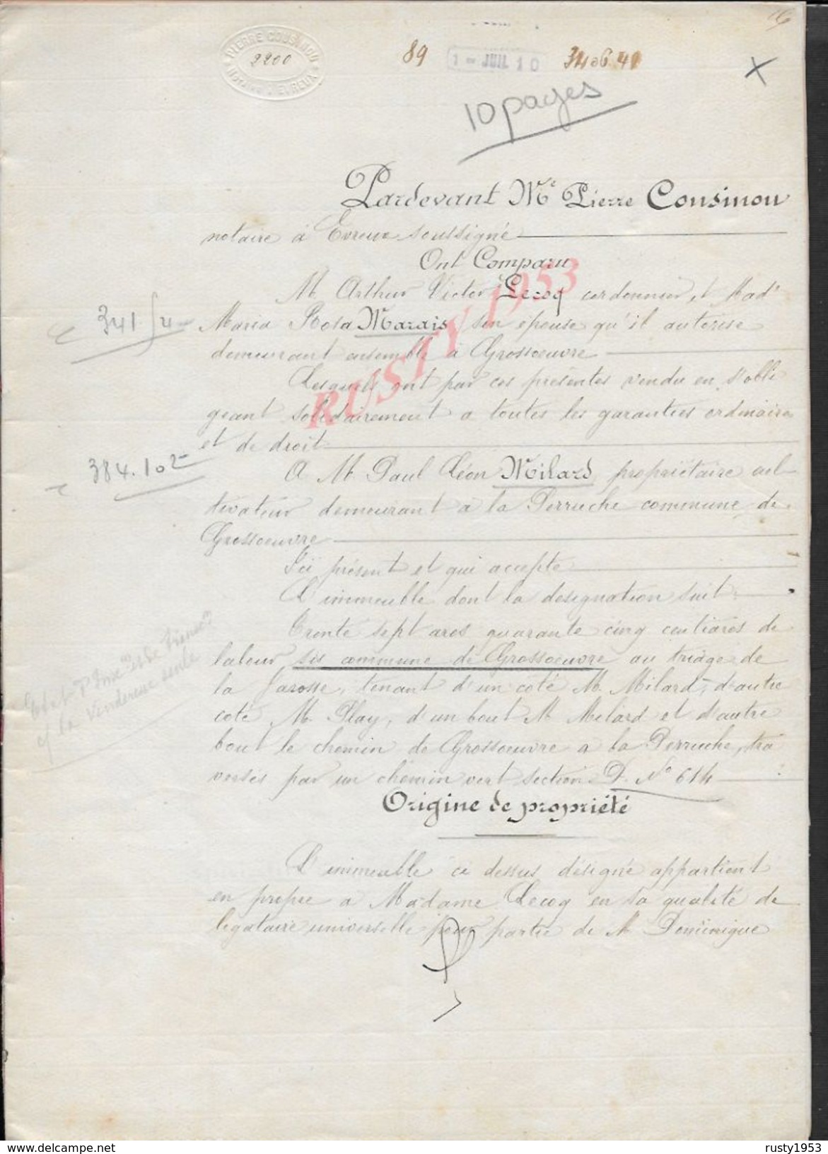 GROSSOEUVRE 1910 ACTE VENTE D UNE TERRE ENTRE LECOQ À MILARD 10 PAGES : - Manuscripts