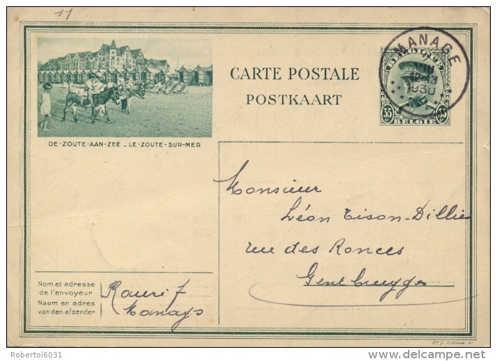 Belgium 1930 Postal Stationery Picture Postcard Le Zoute Sur Mer 35 C. Posted From Manage - Other & Unclassified