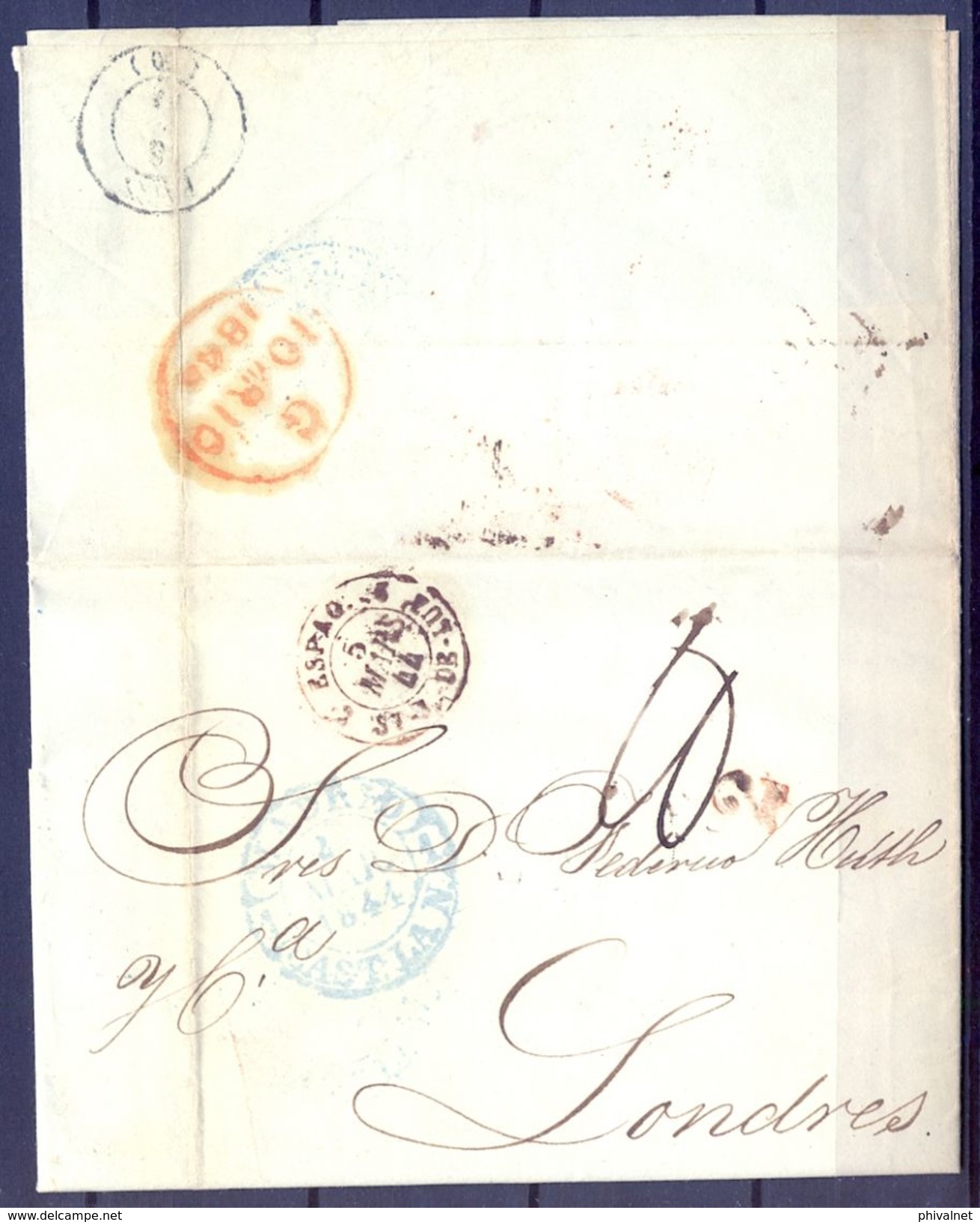 1844 , MADRID , BAEZA TIPO 1 AZUL , CARTA CIRCULADA A LONDRES , TRÁNSITO FRANCÉS , LLEGADA - ...-1850 Prephilately