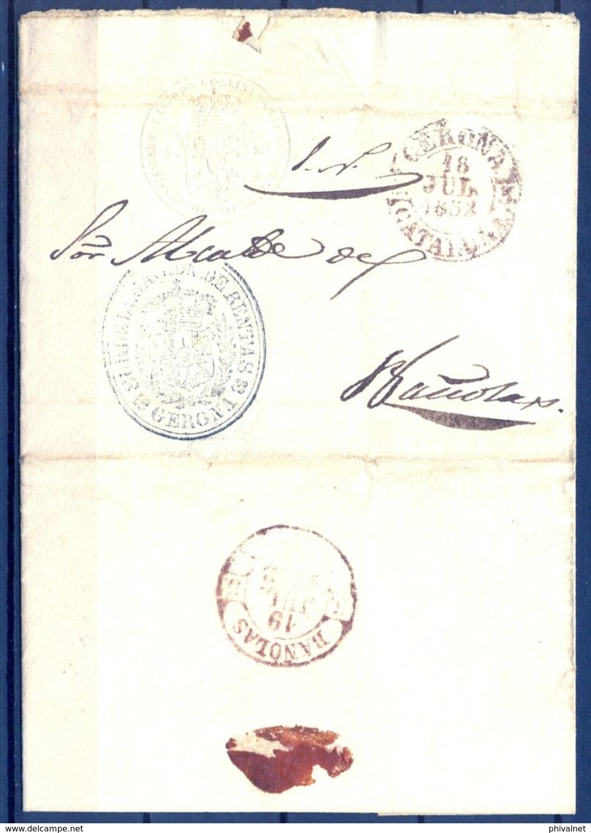 1852 , CARTA CIRCULADA ENTRE GERONA Y BAÑOLAS , BAEZAS DE AMBAS CIUDADES , SUBDELEGACIÓN DE RENTAS - ...-1850 Vorphilatelie