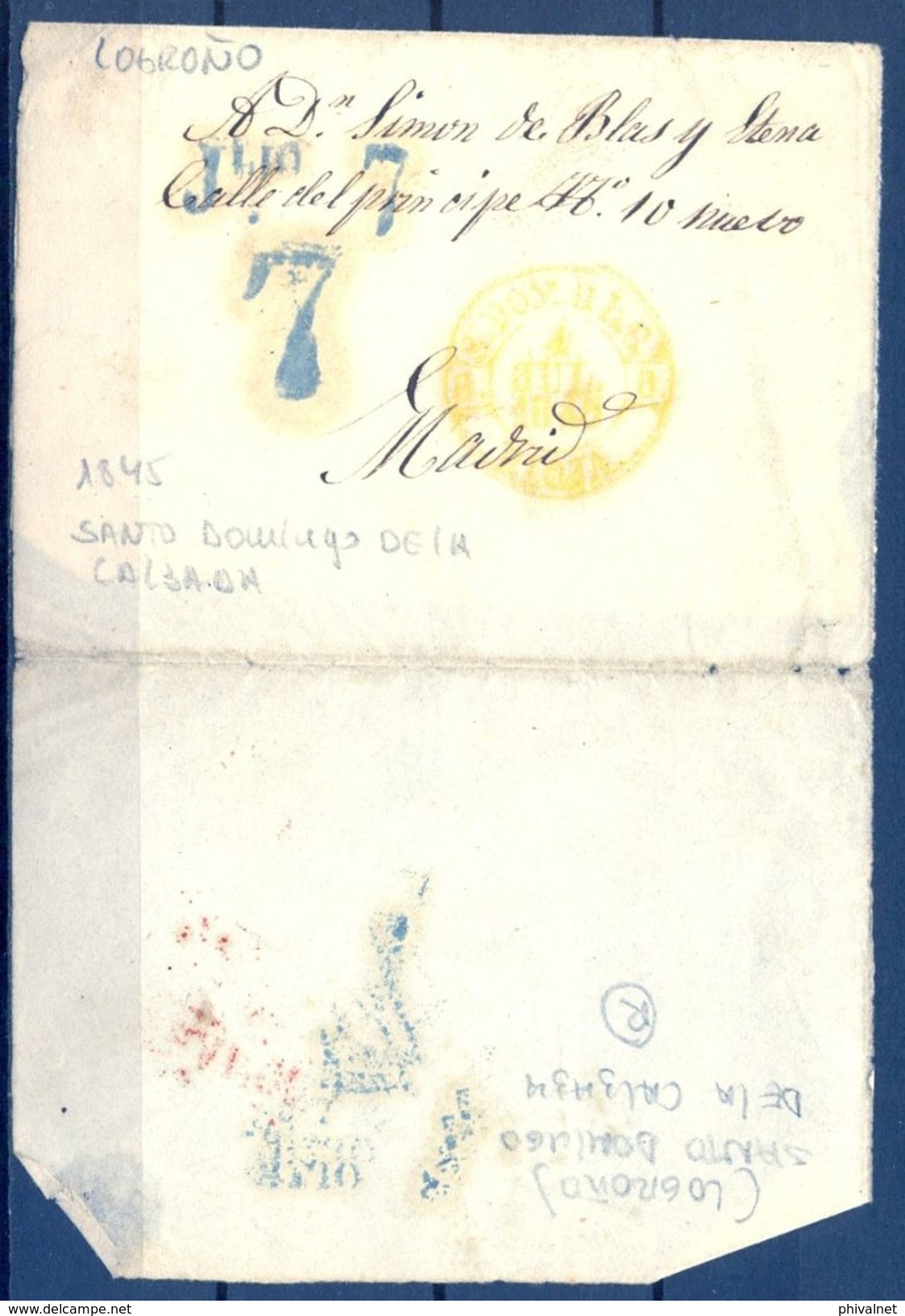 1845 , LA RIOJA , ENVUELTA CIRCULADA DE SANTO DOMINGO DE LA CALZADA A MADRID , BAEZA EN COLOR AMARILLO - ...-1850 Prephilately