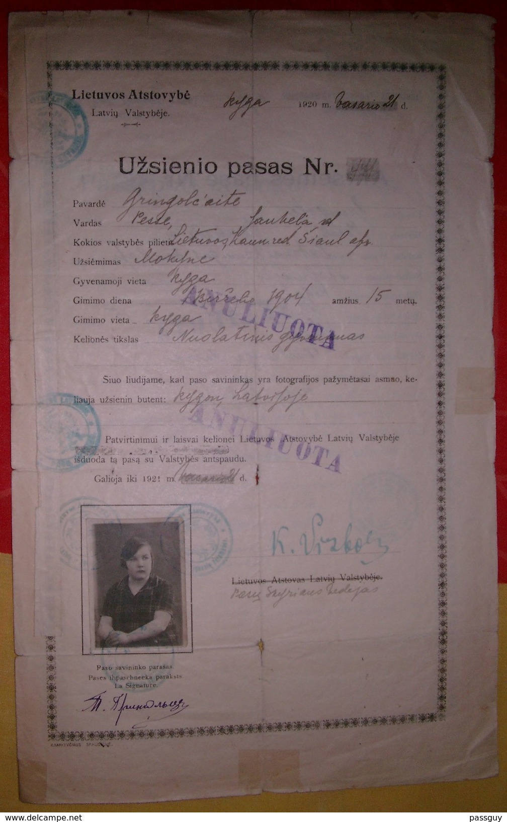 Passeport LITHUANIE 1920 LITHUANIA Passport - Reisepaß - Revenues - Historical Documents