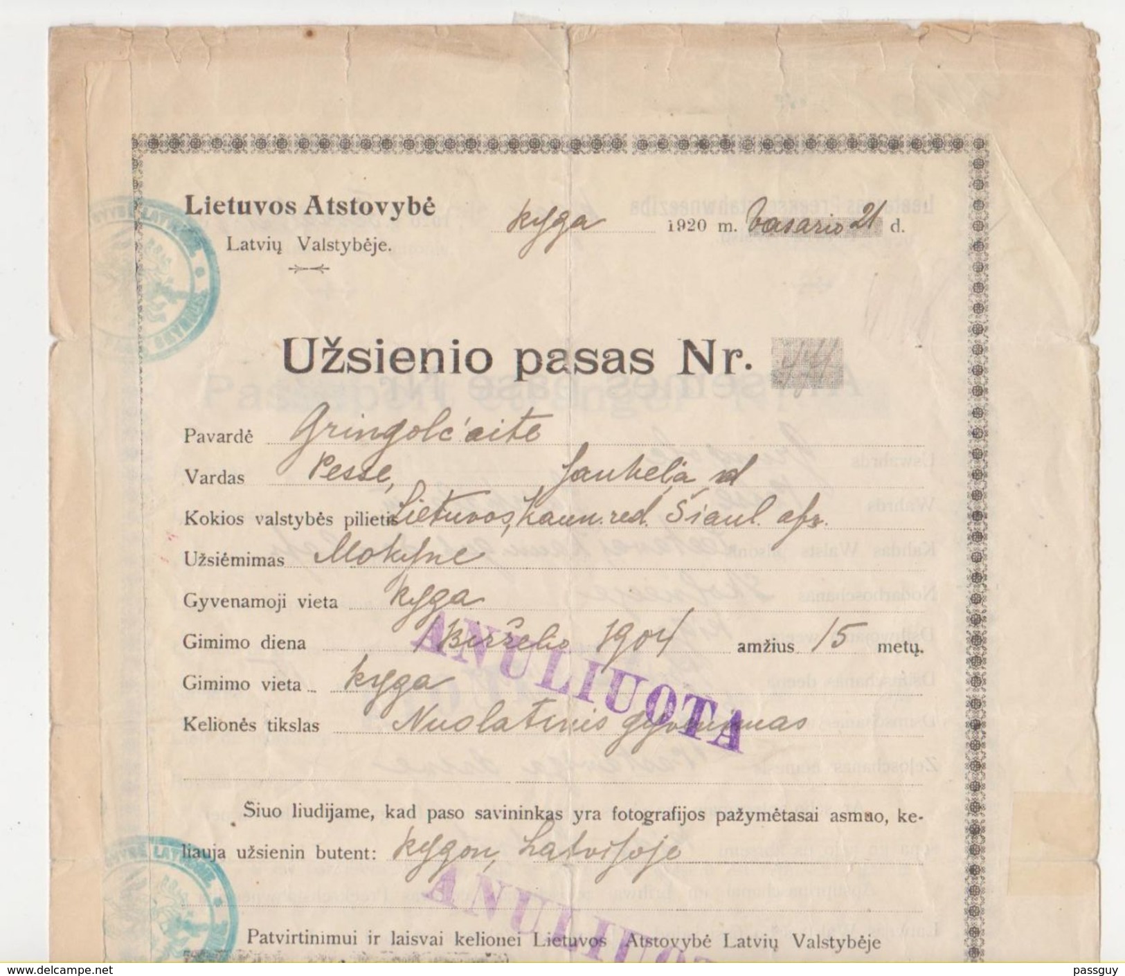 Passeport LITHUANIE 1920 LITHUANIA Passport - Reisepaß - Revenues - Documenti Storici