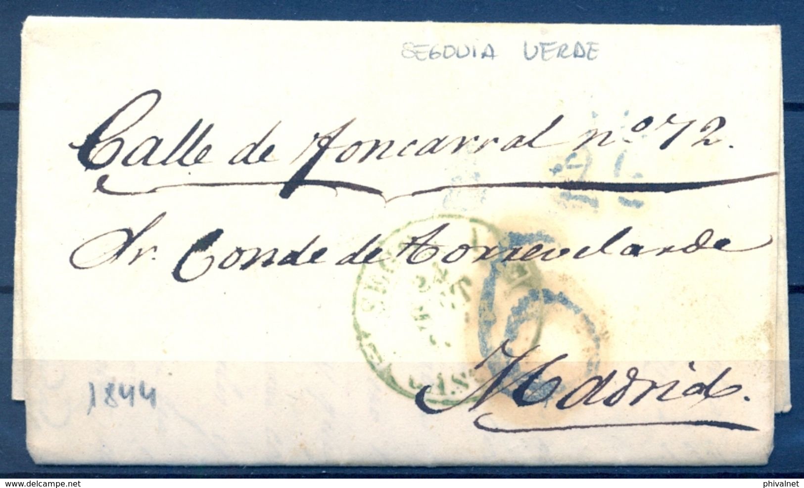 1844 , SORIA , CARTA CIRCULADA A MADRID , BAEZA DE SEGOVIA EN COLOR VERDE - ...-1850 Prephilately