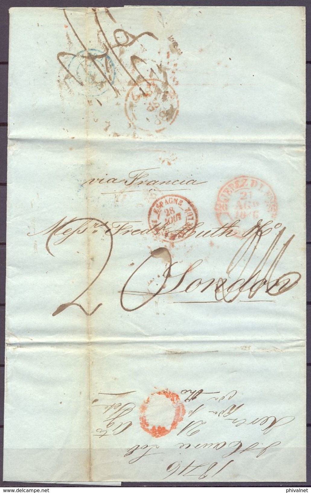 1846 , CADIZ , CARTA CIRCULADA ENTRE JEREZ DE LA FRONTERA Y LONDRES , VIA FRANCIA , TRÁNSITOS , LLEGADA - ...-1850 Préphilatélie