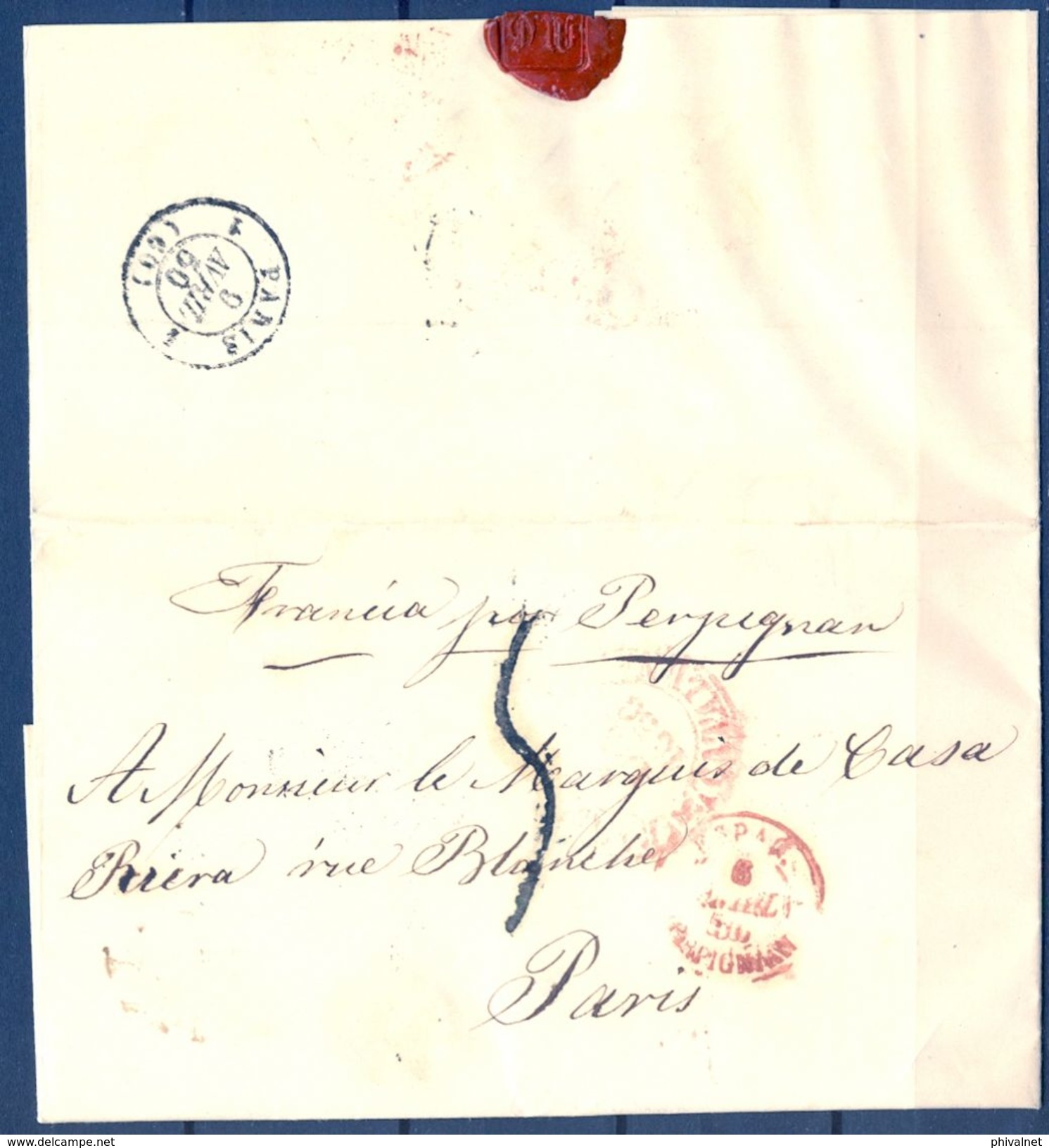 1850 , BARCELONA , CARTA CIRCULADA A PARIS , MARCA DE ENTRADA A FRANCIA POR PERPIGNAN , LLEGADA - ...-1850 Préphilatélie