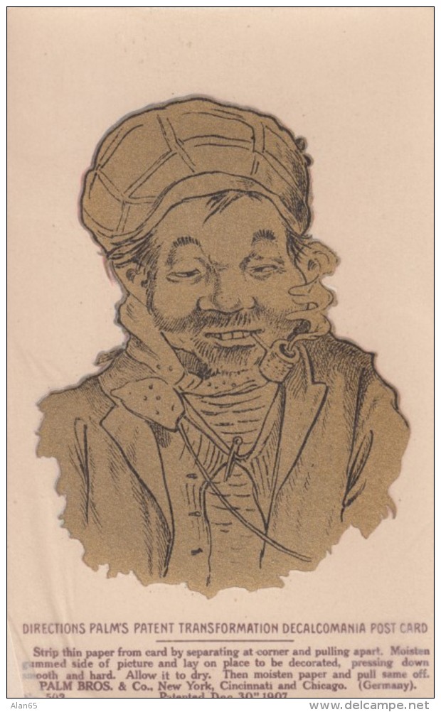 Sticker On Postcard, Man Smokes Pipe Turban(?) On Head, 1900s Vintage Decalomania Postcard - Other & Unclassified