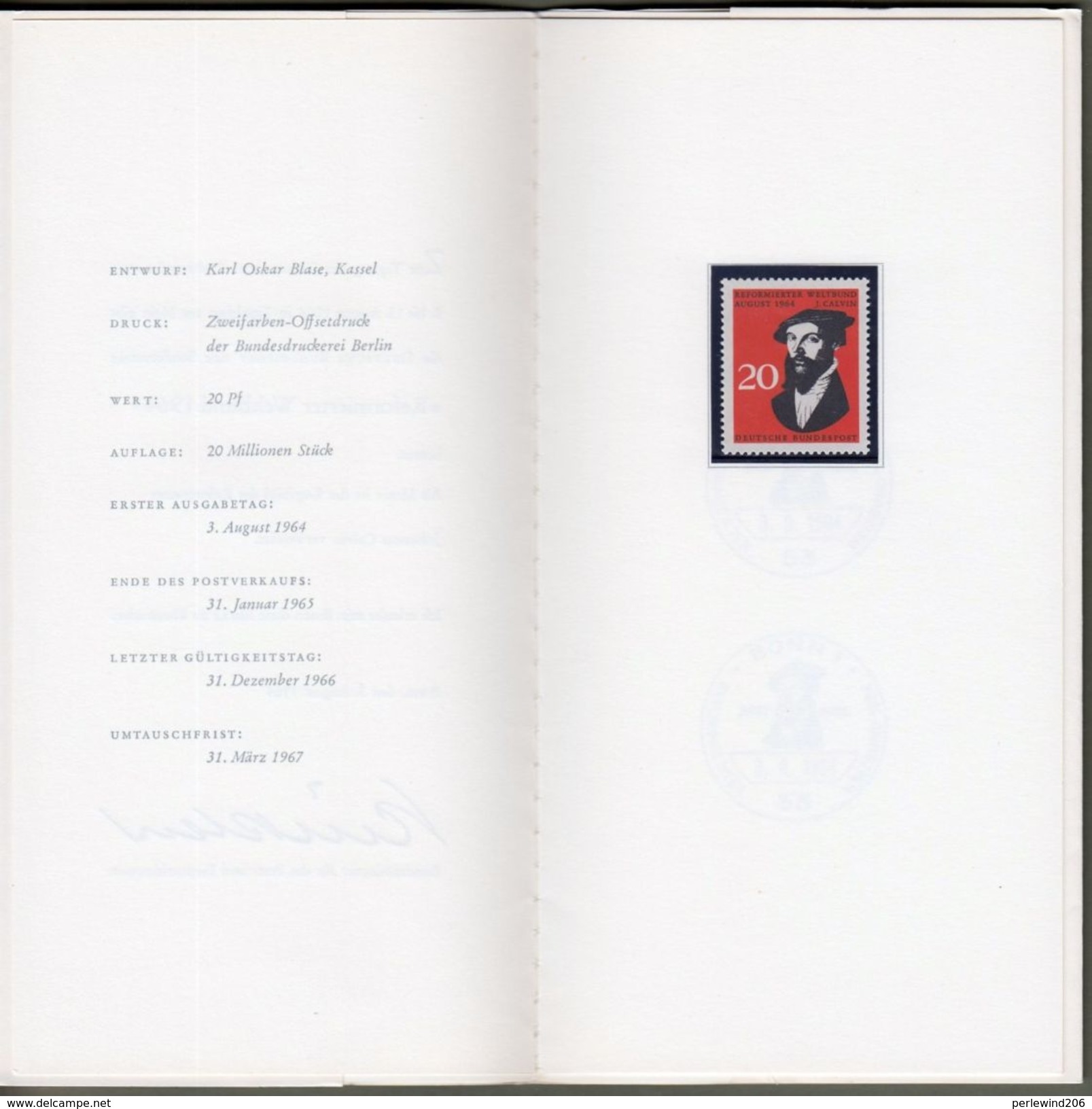 Bund : Minister Card - Ministerkarte Typ III, Mi-Nr. 439 ** U. ESST : " Reformierter Weltbund - Johannes Calvin " R !  X - Briefe U. Dokumente