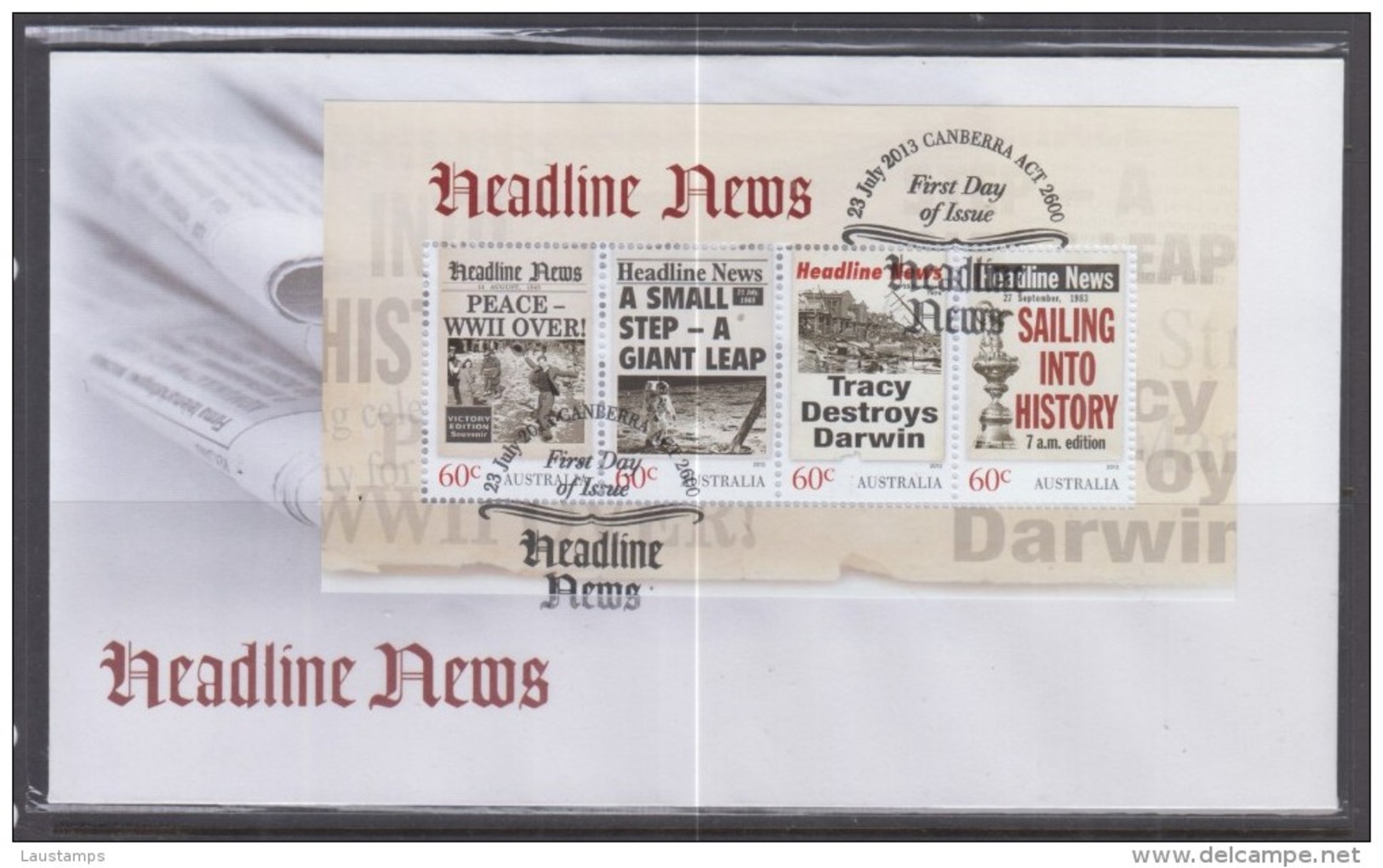 Australia 2013 Headline News, End Of WWII, Moon Landing Etc S/S FDC - Premiers Jours (FDC)