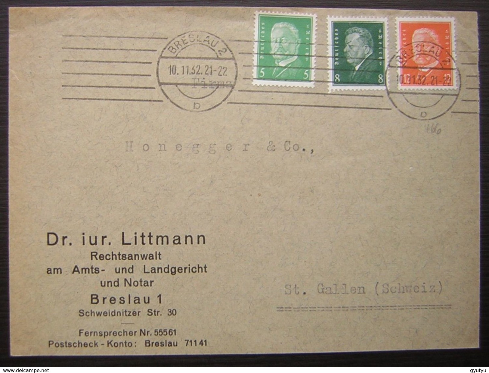 1932 Breslau Bel Affranchissement Tricolore Sur Lettre De Iur Littman  Rechtsanwalt Pour La Suisse (schweiz) - Storia Postale