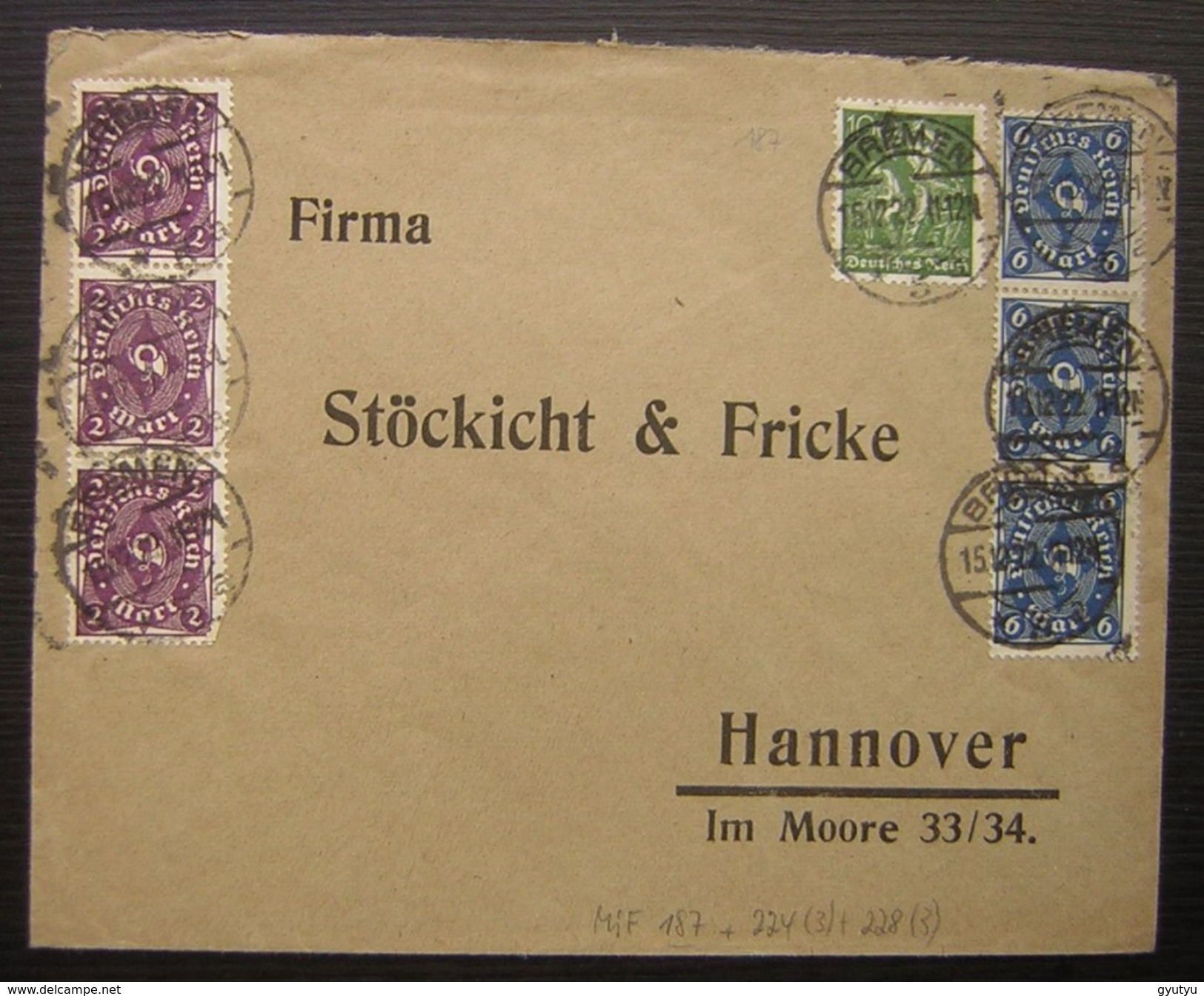 1922 Bel Affranchissement Multiple Bremen 187 +3 X 224 +3 X 228 ( Allemagne Deutschland) - Lettres & Documents