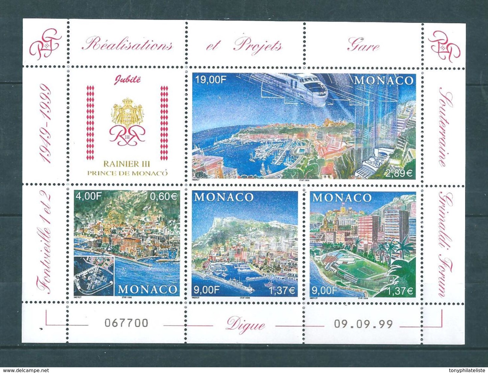 Monaco Bloc  De 1999 Avec Les N°2221 A 2224  Neuf ** Vendu A La Valeur Faciale - Blocks & Kleinbögen